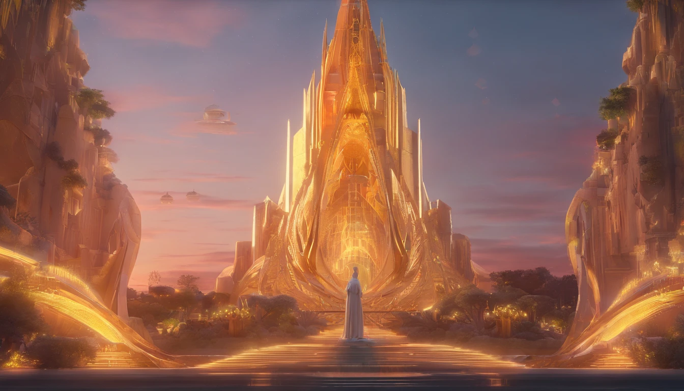 Stuart Lippincott style,God Online,in awe,Light,The sacred world,Huge futuristic statue floating around,Skysky,Awe-inspiring and peaceful,Detailed composition,Subtle geometric elements,refuge,Fresh and soft atmosphere,amber hues,The huge statue is surrounded by tiny figures,Fluid,Powerful and small,Yuri Shudov style,Philip McKay style,Works of masters,超詳細,HighestQuali,8K