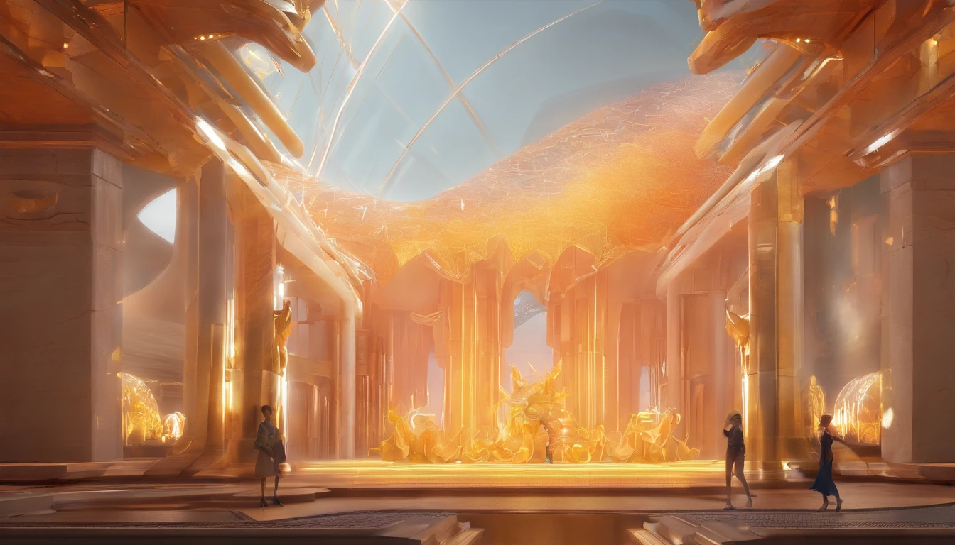 Stuart Lippincott style,God Online,in awe,Light,The sacred world,Huge futuristic statue floating around,Skysky,Awe-inspiring and peaceful,Detailed composition,Subtle geometric elements,refuge,Fresh and soft atmosphere,amber hues,The huge statue is surrounded by tiny figures,Fluid,Powerful and small,Yuri Shudov style,Philip McKay style,Works of masters,超詳細,HighestQuali,8K