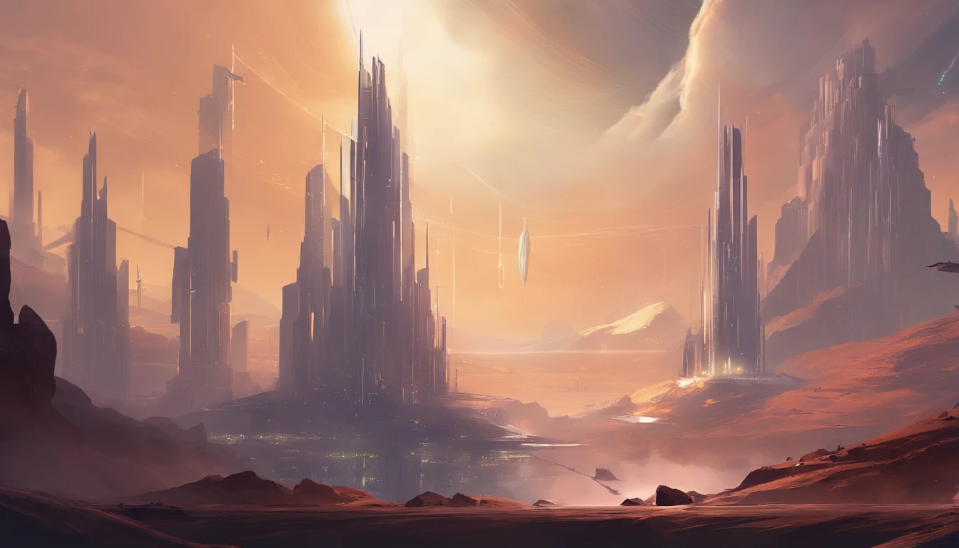 Stuart Lippincott style,God Online,in awe,Light,The sacred world,Huge futuristic statue floating around,Skysky,Awe-inspiring and peaceful,Detailed composition,Subtle geometric elements,refuge,Fresh and soft atmosphere,amber hues,The huge statue is surrounded by tiny figures,Fluid,Powerful and small,Yuri Shudov style,Philip McKay style,Works of masters,超詳細,HighestQuali,8K