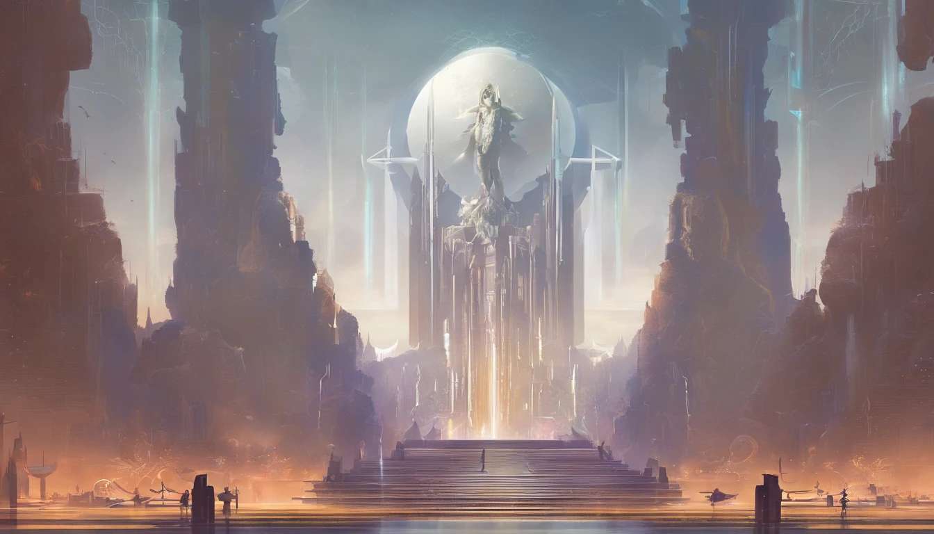 Stuart Lippincott style，God Online，in awe，Light，The sacred world，Huge futuristic statue floating around，Skysky，Awe-inspiring and peaceful，Detailed composition，Subtle geometric elements，refuge，Fresh and soft atmosphere，amber hues，The huge statue is surrounded by tiny figures，Fluid，Powerful and small，Yuri Shudov style，Philip McKay style，Works of masters，超詳細，HighestQuali，8K