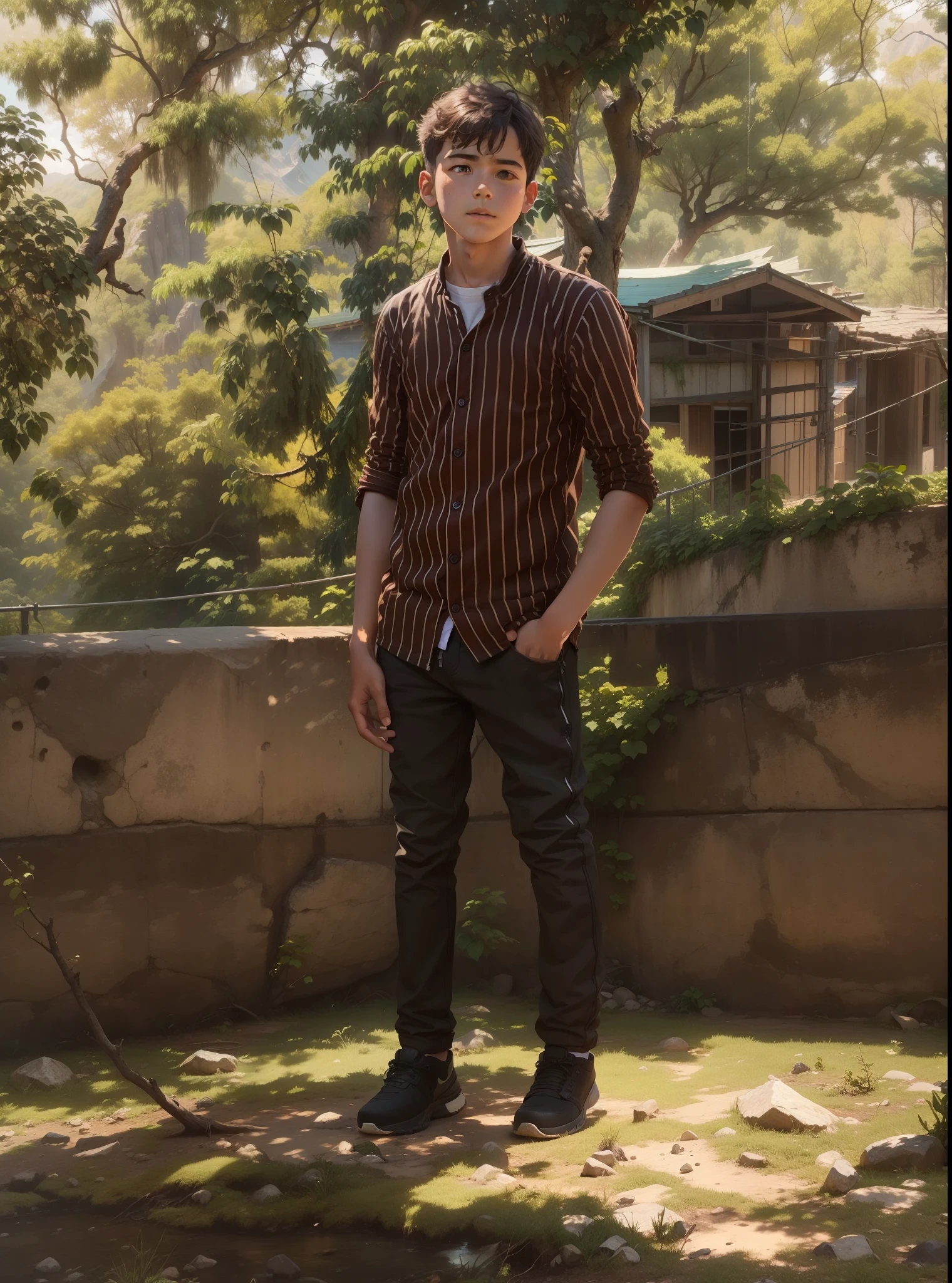 A boy standing wall , trees, mountain
