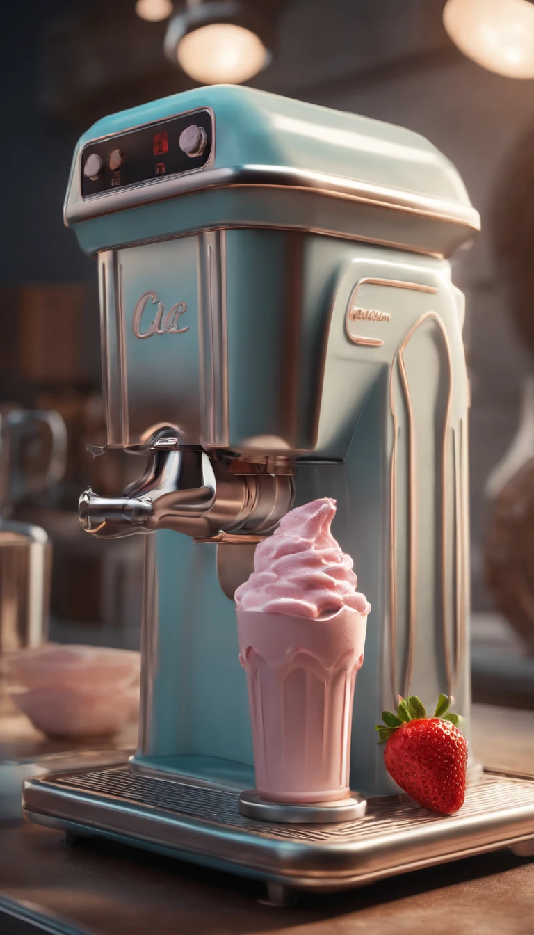 ice cream machine,machine body made up of ice cream,retrofuturism aestethic,beautiful mechanics,Strawberry ice cream, chocolate ice cream, sundae, Hadidas ice cream,insanely detailed, 3D rendering, studio lighting, perfect shading, perfect nuances, Unreal Engine 5, trending on ArtStation