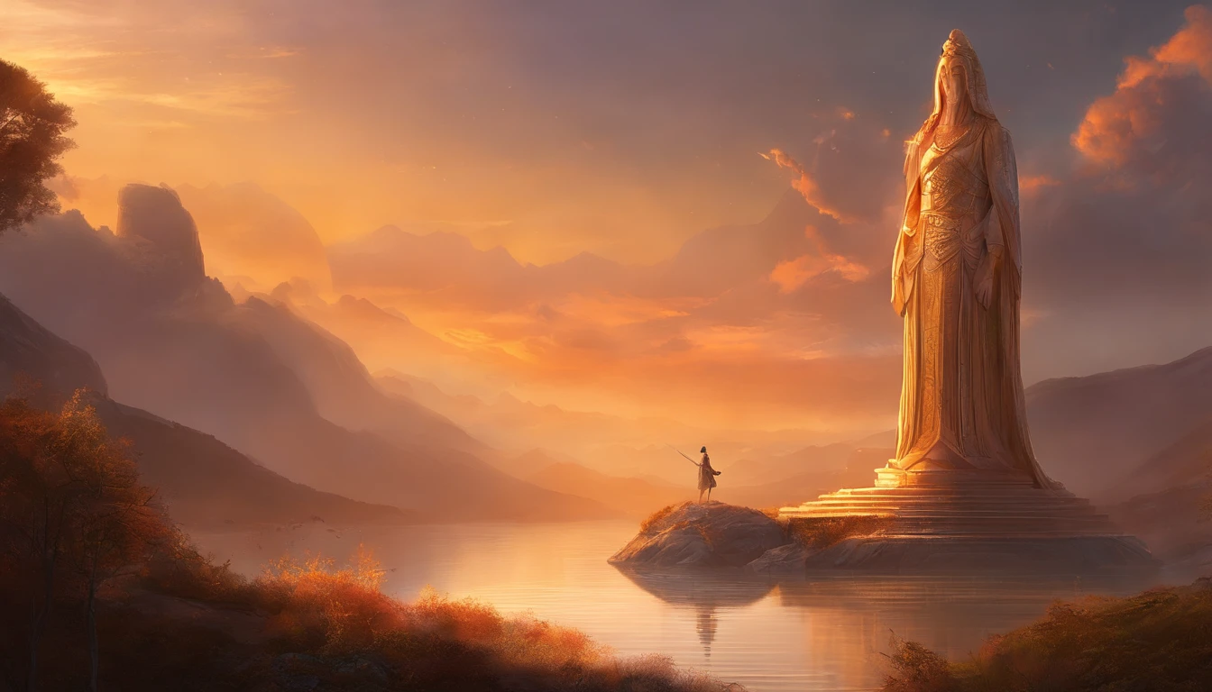 Stuart Lippincott style，God Online，in awe，Light，The sacred world，Huge futuristic statue floating around，Skysky，Awe-inspiring and peaceful，Detailed composition，Subtle geometric elements，refuge，Fresh and soft atmosphere，amber hues，The huge statue is surrounded by tiny figures，Fluid，Powerful and small，Yuri Shudov style，Philip McKay style，Works of masters，超詳細，HighestQuali，8K