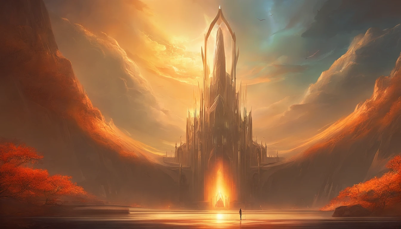 Stuart Lippincott style，God Online，in awe，Light，The sacred world，Huge futuristic statue floating around，Skysky，Awe-inspiring and peaceful，Detailed composition，Subtle geometric elements，refuge，Fresh and soft atmosphere，amber hues，The huge statue is surrounded by tiny figures，Fluid，Powerful and small，Yuri Shudov style，Philip McKay style，Works of masters，超詳細，HighestQuali，8K