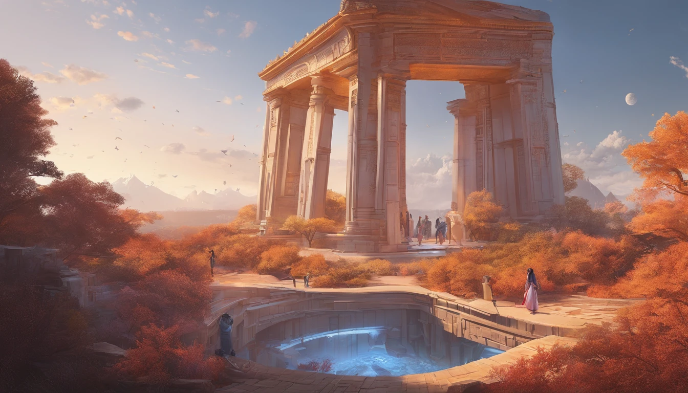 Stuart Lippincott style，God Online，in awe，Light，The sacred world，Huge futuristic statue floating around，Skysky，Awe-inspiring and peaceful，Detailed composition，Subtle geometric elements，refuge，Fresh and soft atmosphere，amber hues，The huge statue is surrounded by tiny figures，Fluid，Powerful and small，Yuri Shudov style，Philip McKay style，Works of masters，超詳細，HighestQuali，8K