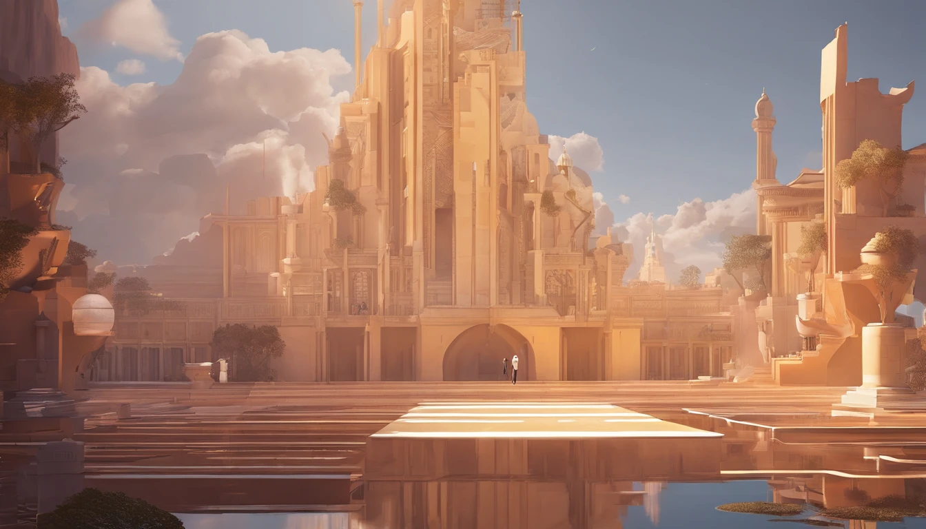Stuart Lippincott style，God Online，in awe，Light，The sacred world，Huge futuristic statue floating around，Skysky，Awe-inspiring and peaceful，Detailed composition，Subtle geometric elements，refuge，Fresh and soft atmosphere，amber hues，The huge statue is surrounded by tiny figures，Fluid，Powerful and small，Yuri Shudov style，Philip McKay style，Works of masters，超詳細，HighestQuali，8K