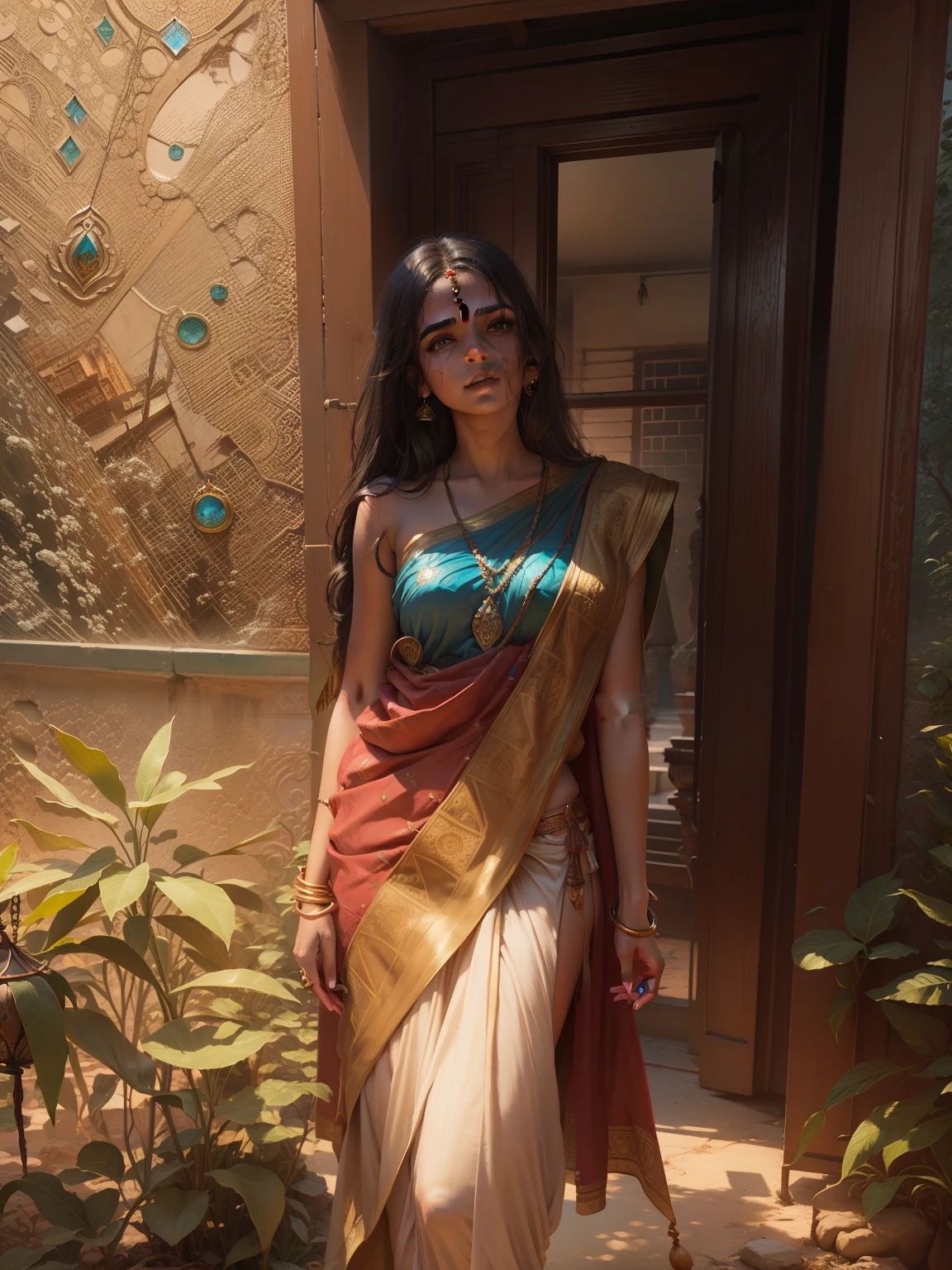 Girl stand in vrindavan , Realistic face, 8k , Radha , Mythology