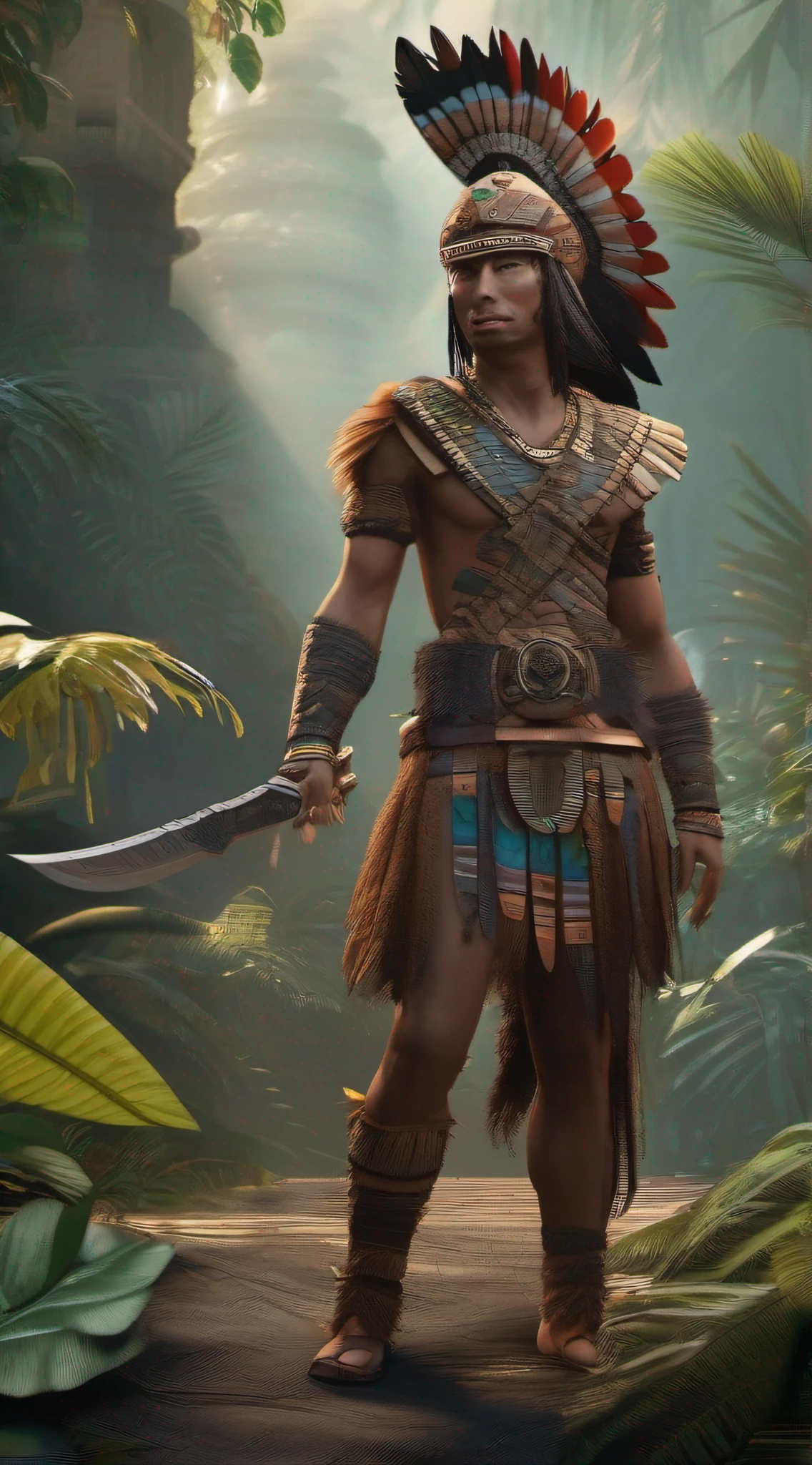 "Generate an Aztec warrior in a jungle setting, adorned with feathers and holding an obsidian blade. Make it Epic 8K realistic –AR2:3."