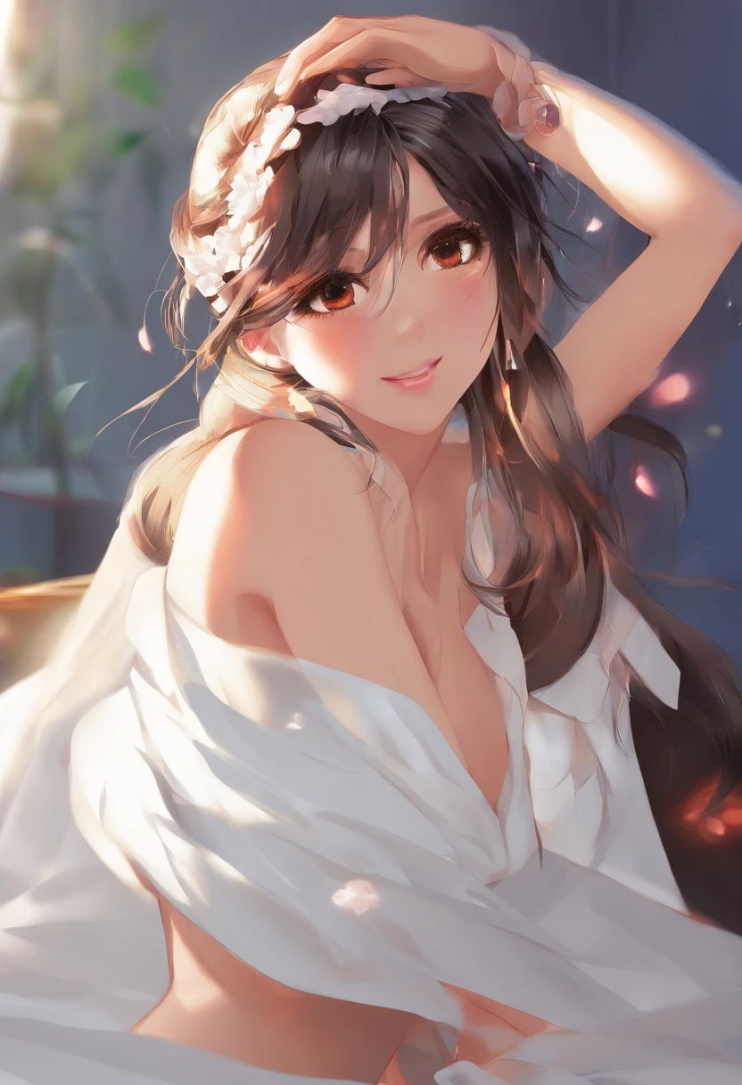 Best Quality, realisitic, Photorealistic, extremely highly detailed, an extremely delicate and beautiful, Raw foto, s whole body, 27-year-old female, (Massage on the massage bed: 1.3), Black hair, Black eyes, Small head, fashion girl, beautidful eyes, tiny boobs,real face, real skin, realistic face, Realistic skin, Detailed Eyes, Detailed facial features, detailed clothing features, (Cover with a white towel:1.3), (Tie your hair with a white towel: 1.3) dynamic poses, back-view, looking away, focus on the face, detailed face and breast