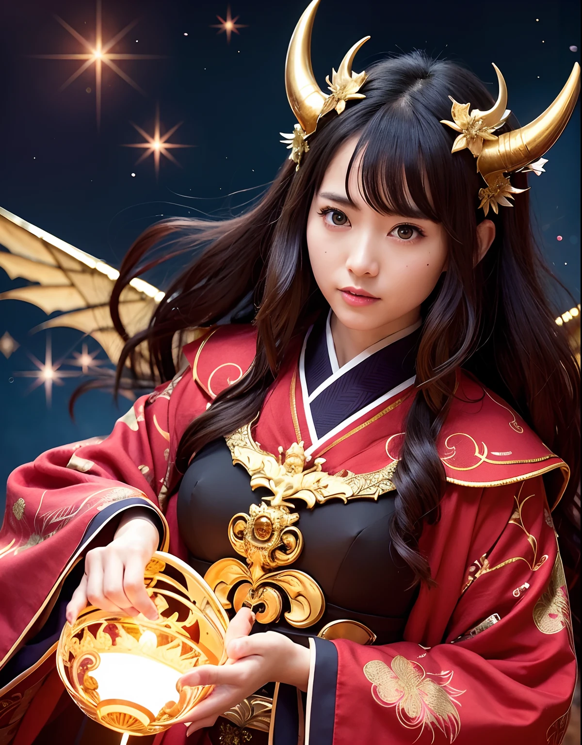 Professional , masterpiece、top-quality、photos realistic , depth of fields 、Dark Fantasy、(fullmoon:1.9)、(shooting stars:0.9)、(nebulas:1.3)、A dark-haired、(White bikini armor)、(Mystical expression)、(The fox has five tails)((Fight dragons)),(Wear a beautiful kimono),(Wear a beautiful kimono with colorful floral patterns)、Jewel Gold Weapon、Particles of light),(Has a devil's mask)、Gorgeous gold weapons ,(( Gorgeous Dragon Sword)) , (Fox Mask),,(maikurobikini) 、((Black Haired Beautiful Girl))、(Castle background)、(demonic wings)、((Gangle's forest background))、Beautiful Caucasian beauty、1a person、dynamic ungle,(((Two devil's horns on the head)))、Smaller head、Idle Smile、Thin and beautiful female hands、Mystical expression、Light Effects、intense fighting、Wind-effect、magic circles、With the legendary magic wand、Dragon's tail、