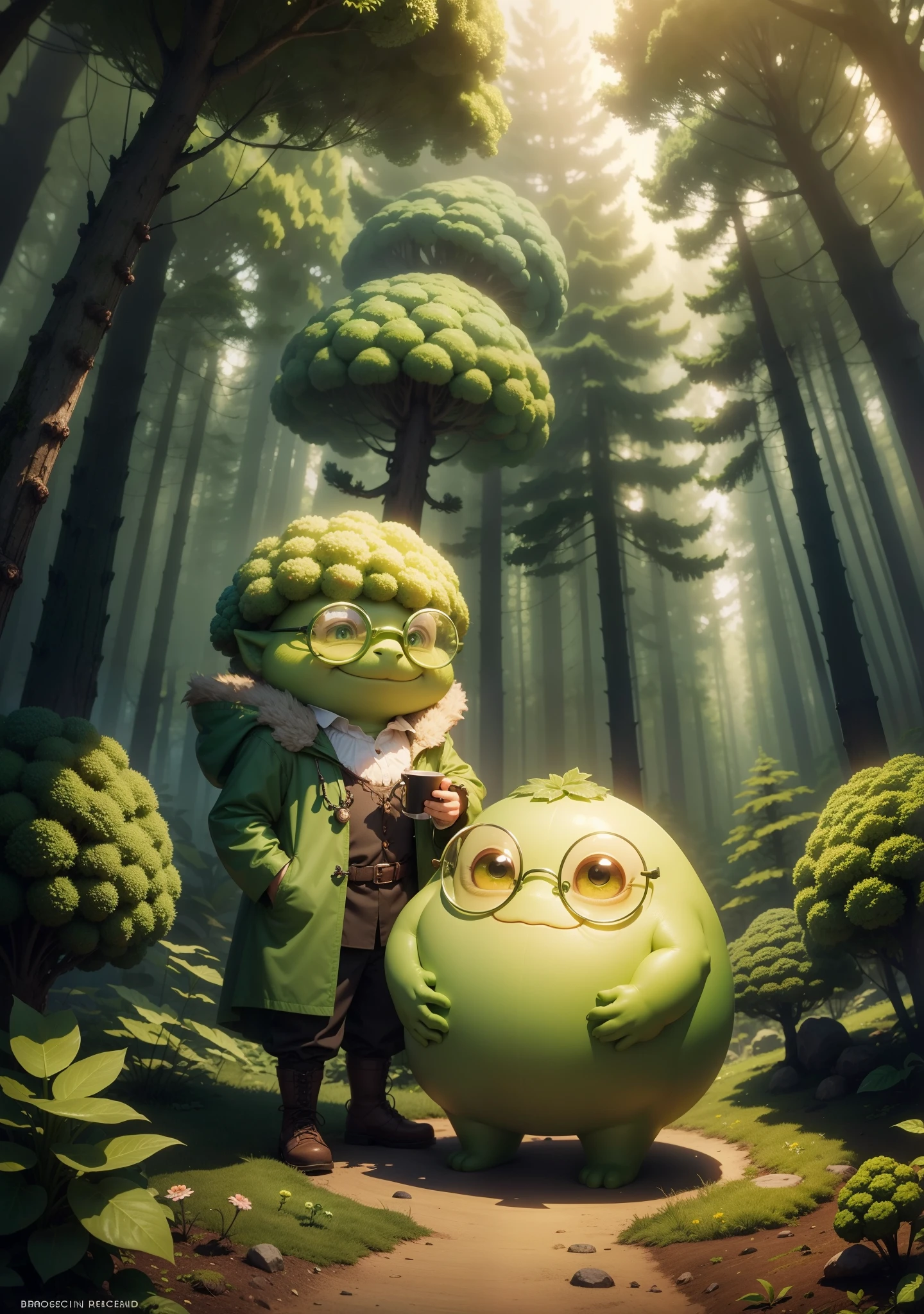 short male fantasy green creature, broccoli-shaped head, small round glasses, wearing a yellow raincoat, goofy smile, thin mustache, surrounded by woodland creatures and fairies, magical forest background.