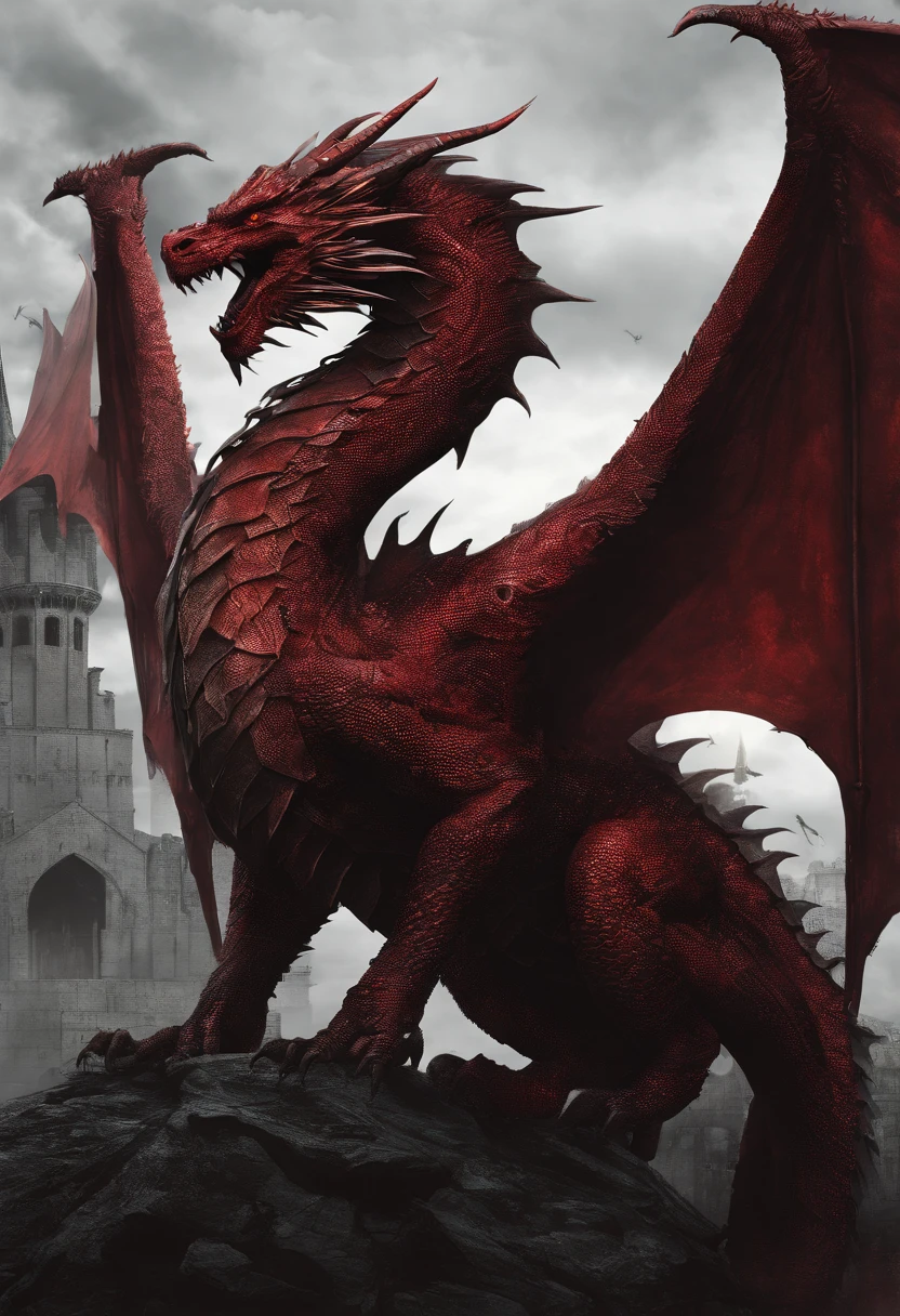 Red dragon, medieval background, dark
