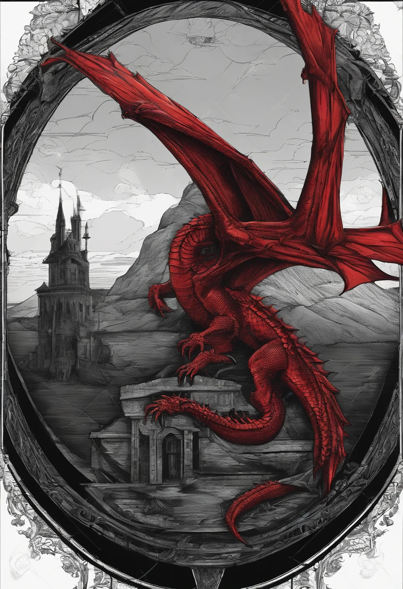 Red dragon, medieval background, dark