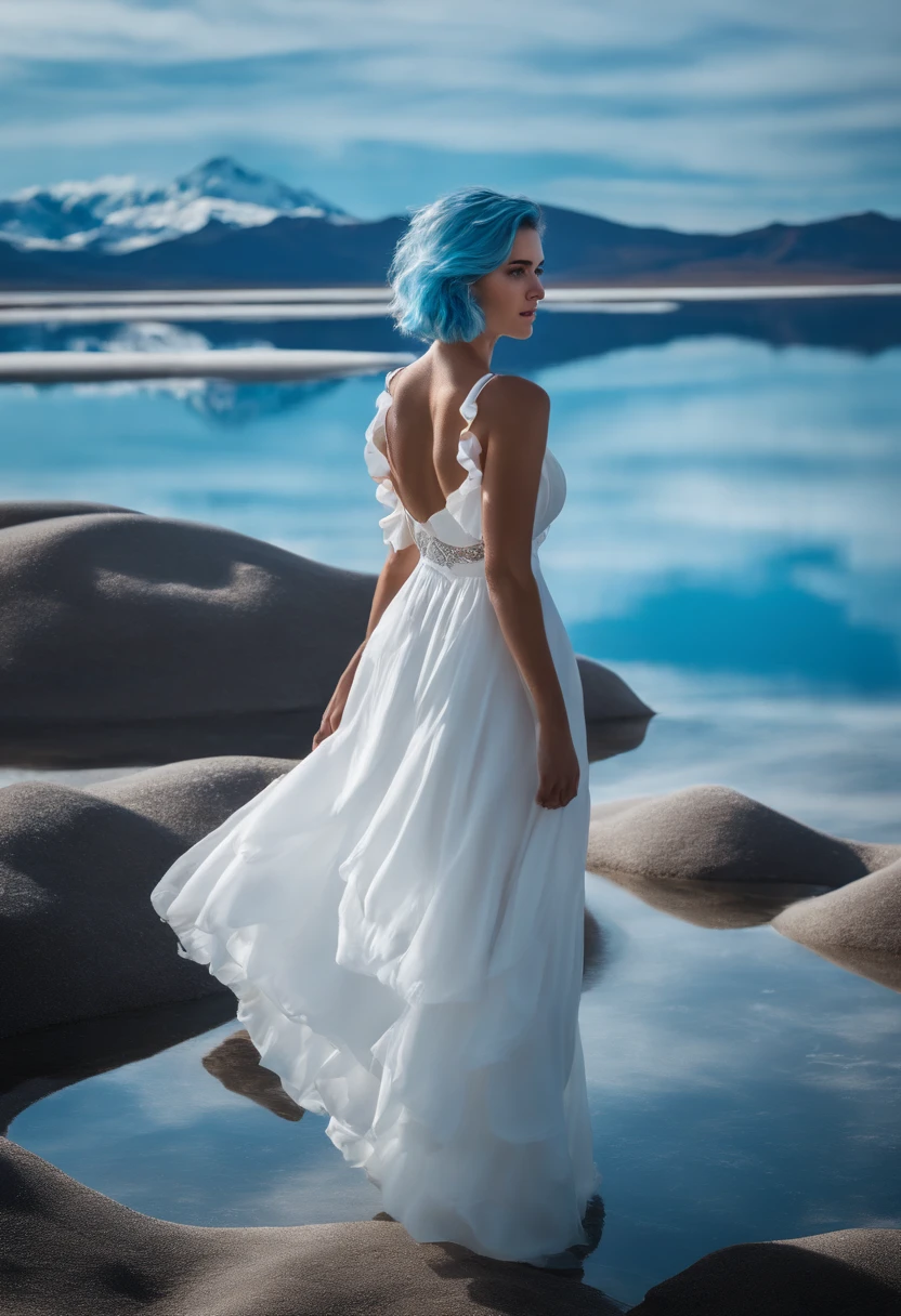 absurdres, highres, (official art, beautiful and aesthetic:1.2), (near vision:1.15), (1girl, blue hair, medium hair, blue eyes, bright eyes, long white dress, blue ruffle,:1.2) blue sky, Shimmering Galaxy, (Salar de Uyuni:1.2), (fractal art:0.8), water effects, ripple effects, (flower effects: 0.65), light effects,