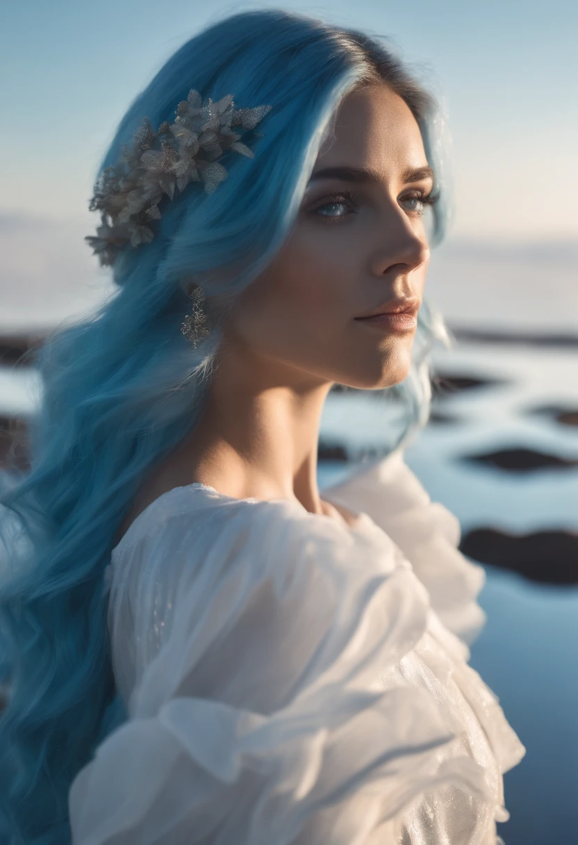 absurdres, highres, (official art, beautiful and aesthetic:1.2), (near vision:1.15), (1girl, blue hair, medium hair, blue eyes, bright eyes, long white dress, blue ruffle,:1.2) blue sky, Shimmering Galaxy, (Salar de Uyuni:1.2), (fractal art:0.8), water effects, ripple effects, (flower effects: 0.65), light effects,