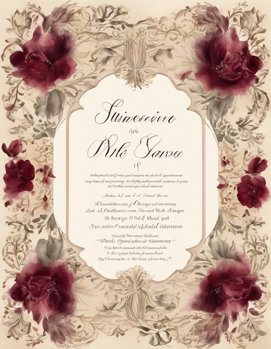 Design a vintage wedding invitation card inspired by the opulence of the Victorian era. Incorporate intricate lace patterns, a muted color palette of ivory and deep burgundy, and elegant calligraphy fonts