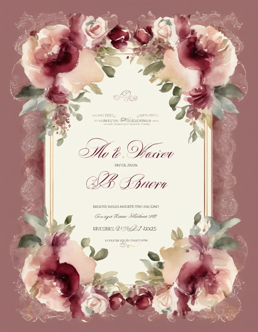Design a vintage wedding invitation card inspired by the opulence of the Victorian era. Incorporate intricate lace patterns, a muted color palette of ivory and deep burgundy, and elegant calligraphy fonts