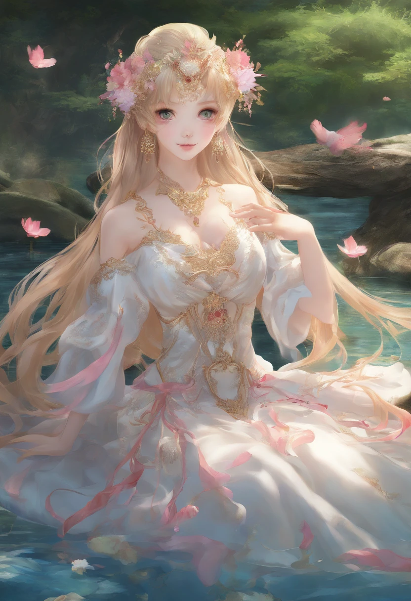 (Best quality,4K,8K,A high resolution,Masterpiece:1.2),Ultra-detailed,(Realistic,Photorealistic,photo-realistic:1.37),anime big breast,Girl sitting in a pond,Palace,A girl dressed in traditional Chinese clothing,gilded lotus princess,Guweiz in Pixiv ArtStation,Anime goddess,beautiful fantasy empress,long-haired blonde anime girl