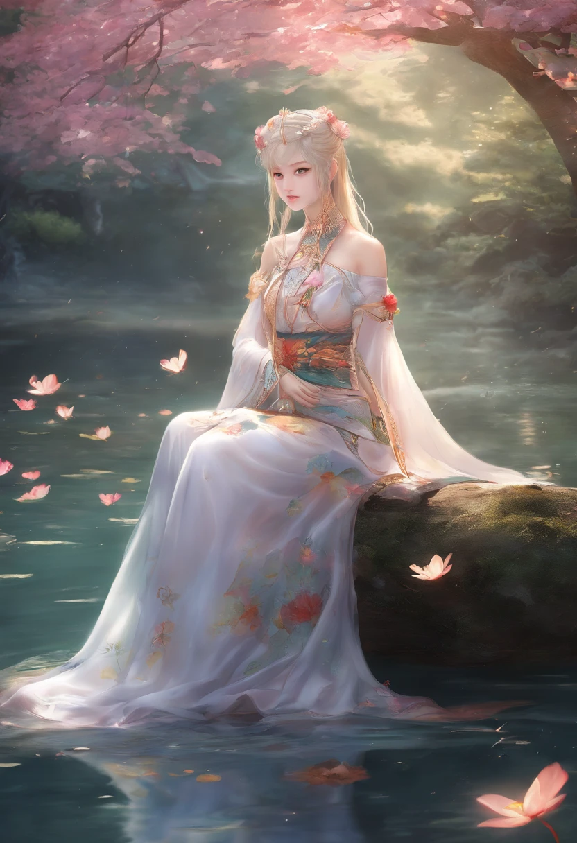 (Best quality,4K,8K,A high resolution,Masterpiece:1.2),Ultra-detailed,(Realistic,Photorealistic,photo-realistic:1.37),anime big breast,Girl sitting in a pond,Palace,A girl dressed in traditional Chinese clothing,gilded lotus princess,Guweiz in Pixiv ArtStation,Anime goddess,beautiful fantasy empress,long-haired blonde anime girl