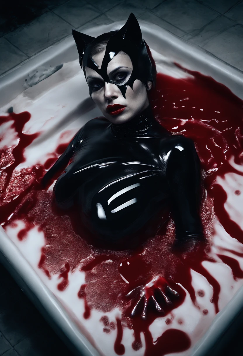 ultra realisitc photograph, Catwoman laying in a pool of milk and thick red liquid, human bones on the floor, cinematic lighting, evil