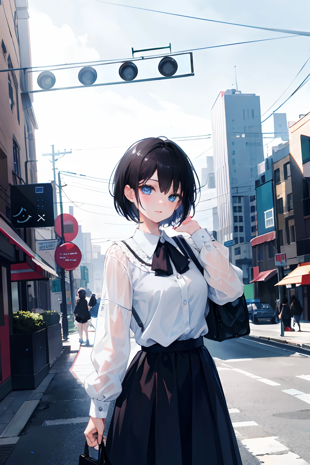 1girl, short black hair, blue eyes, wearing blouse, city, absurdres, high res, ultrasharp, 8K, masterpiece, looking at viewer