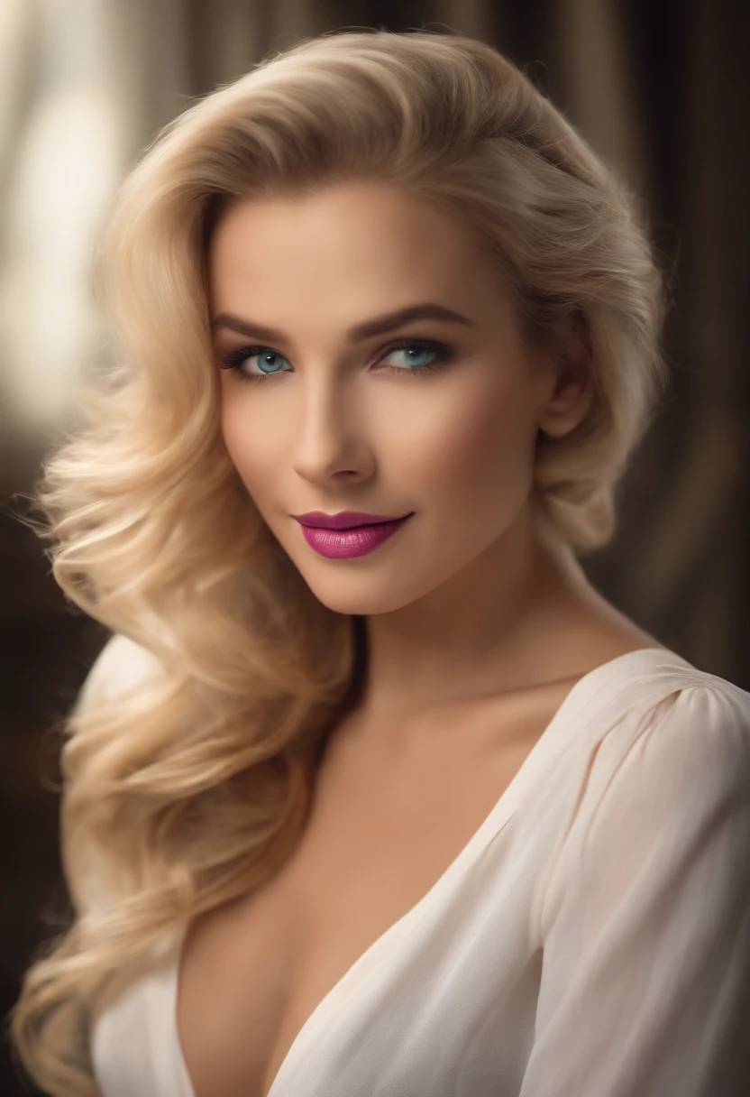 I want you to make an image, using my photos as a base, to create an avatar of a full-length woman, in comfortable clothing, with shoulder-length blonde hair, dark eyes, full mouth, slim waist, pink lipstick on her lips, beautiful and smiling. She must be in a cosmetic procedure room.