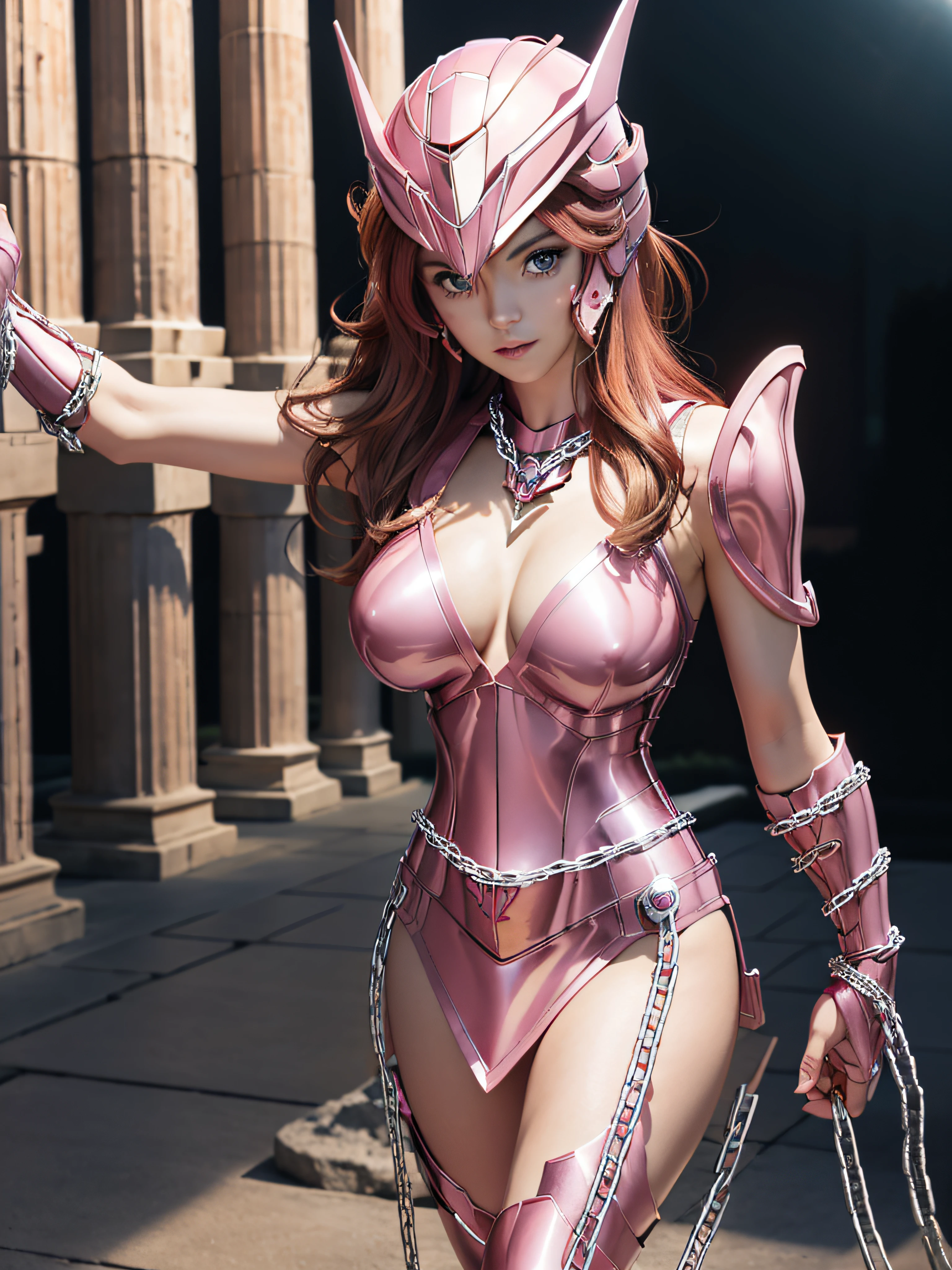 masterpiece, best quality, ultra high res, realistic skin texture, armature, (photorealistic:1.4), high resolution, raw photo, shiny skin, realistic skin texture, best lighting, sparkle, dramatic lighting, dynamic pose, (greek temple background:1.3), night sky, cosmos, milky way, 1girl, balanced eyes, Andromeda Shun, pink armor, roman skirt plate, (breast plate:1.5), cleavage, red hair, (pink helmet:1.3), blue eyes, (looking at viewer:1.3), (medium breast:1.3), slight smile, (chains around arms:1.3),