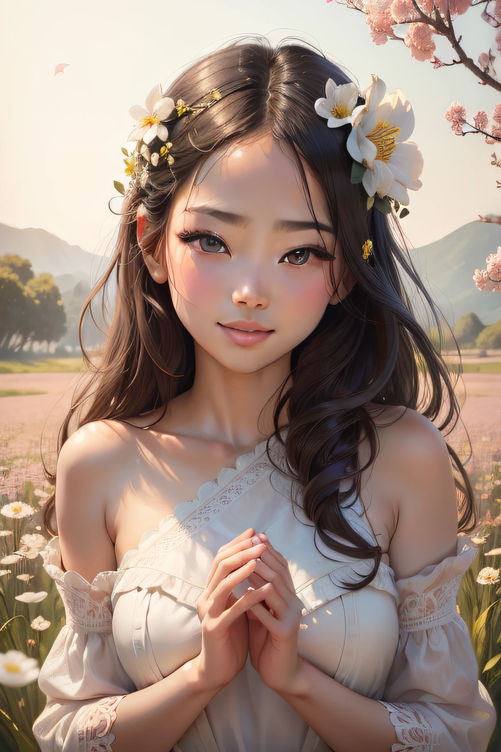 (best quality,4k,8k,highres,masterpiece:1.2),ultra-detailed,(realistic,photorealistic,photo-realistic:1.37),portrait,beautiful detailed eyes,beautiful detailed lips,extremely detailed face,longeyelashes,Asian girl,flowery field,peaceful atmosphere,soft sunlight,flower in hand,vivid colors,harmonious composition,warm color tones,gentle breeze,serene expression,captivating smile,dainty features,natural beauty,pure joy,vibrant petal colors,subtle shadows,ethereal glow,radiant complexion,graceful pose,innocence and grace,joyful ambiance,delicate facial contours,pastel color palette,dreamy and whimsical ambiance,dynamic lighting,smooth brushstrokes,impressionistic style,adorning nature,nurturing spirit.