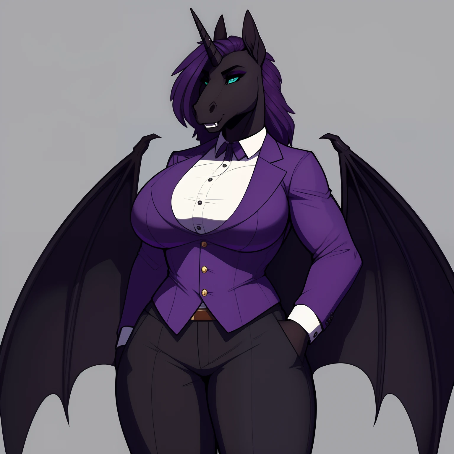 muscular_mature_unicorn_with_black_horn female dark_purple_mane black_furry_body teal_eyes slit_pupils solo Masterpiece best_quality absurdres highly_detailed waistcoat pants cleanly_drawn_eyes fangs bat_wings purple_eyeshadow horse_snout anthro_only large_breasts by_claweddrip, by_greasymojo, by_underscore-b, by_runawaystride