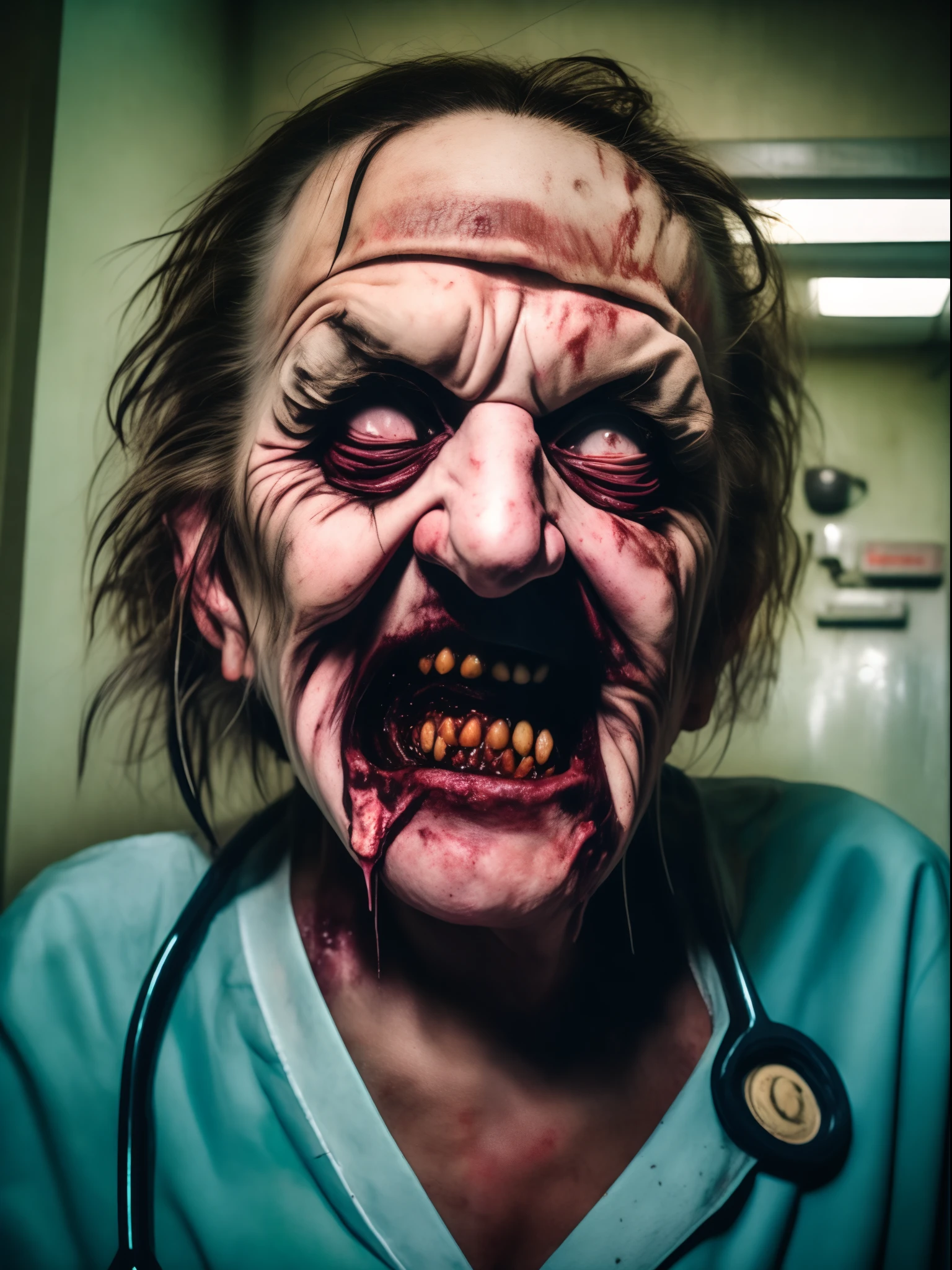 a close up of a person with a bloody face, cyberpunk art, by Zlatyu Boyadzhiev, digital art, nurse, unsettling grin, anime wallaper, slipknot, Tom savini