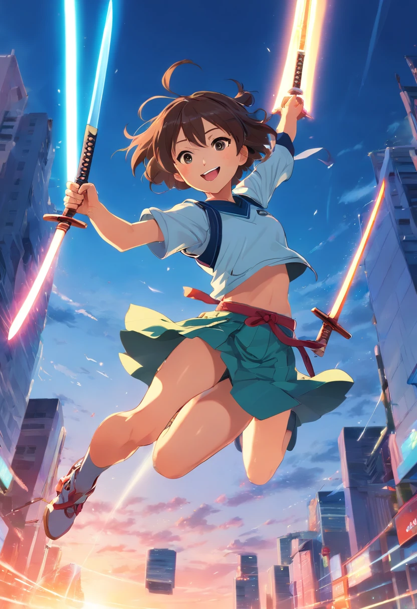 (best quality,8k),(realistic),(epic),(portrait,anime),(light armor),(smiling face),(jumping with two katana),(view from below),(vibrant colors),(detailed)