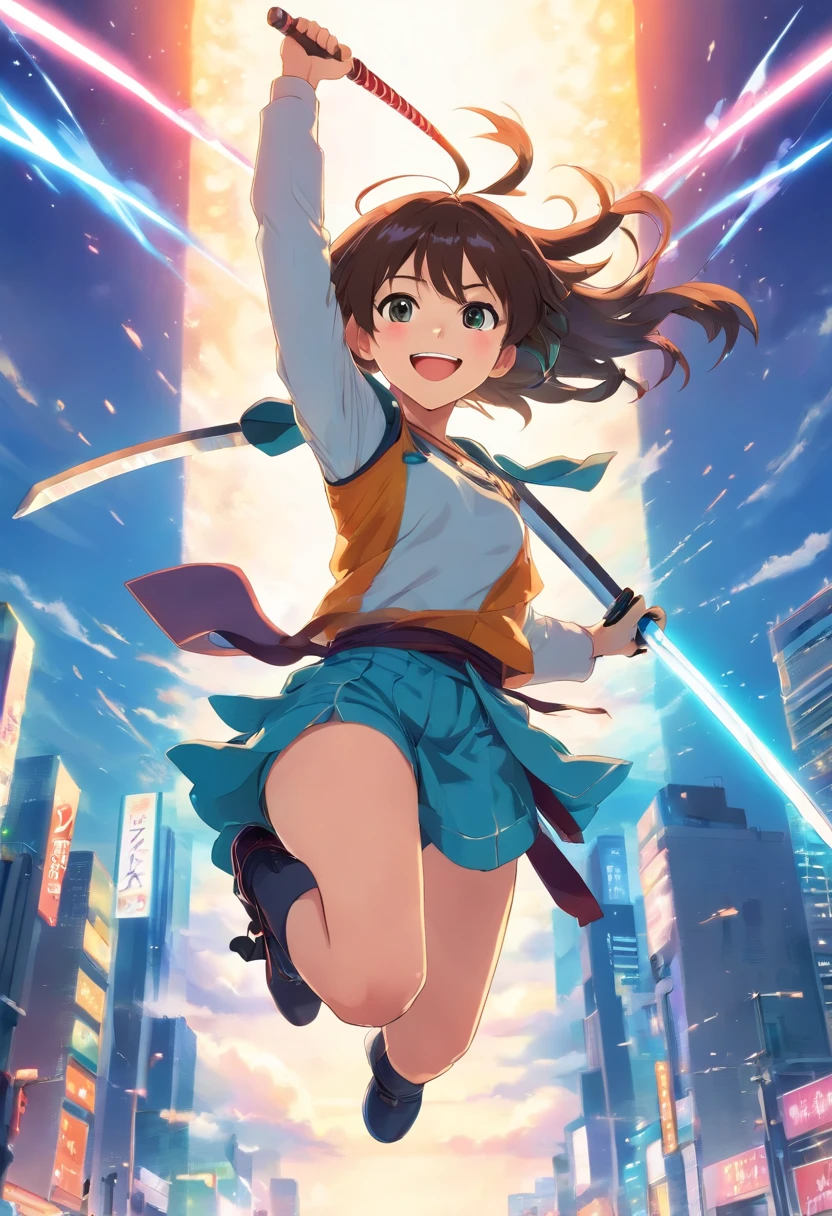 (best quality,8k),(realistic),(epic),(portrait,anime),(light armor),(smiling face),(jumping with two katana),(view from below),(vibrant colors),(detailed)