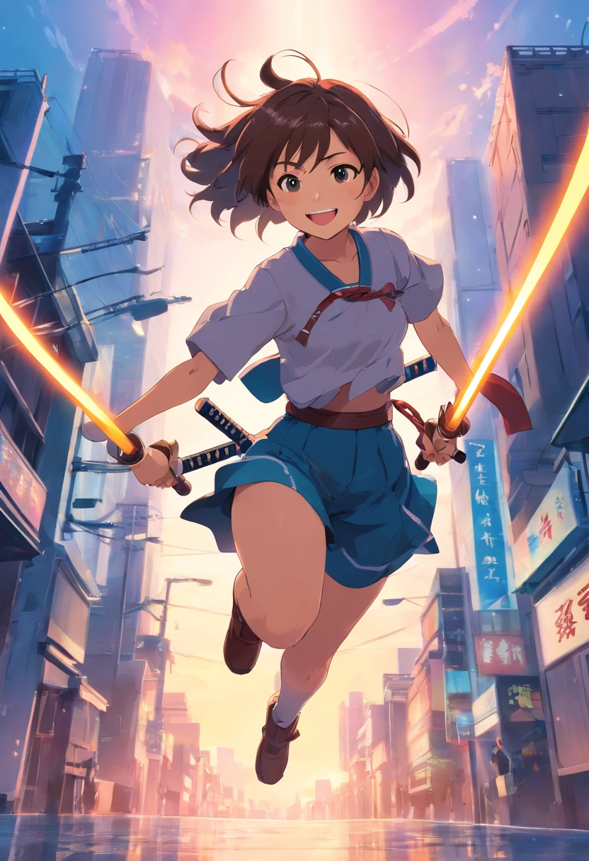 (best quality,8k),(realistic),(epic),(portrait,anime),(light armor),(smiling face),(jumping with two katana),(view from below),(vibrant colors),(detailed)