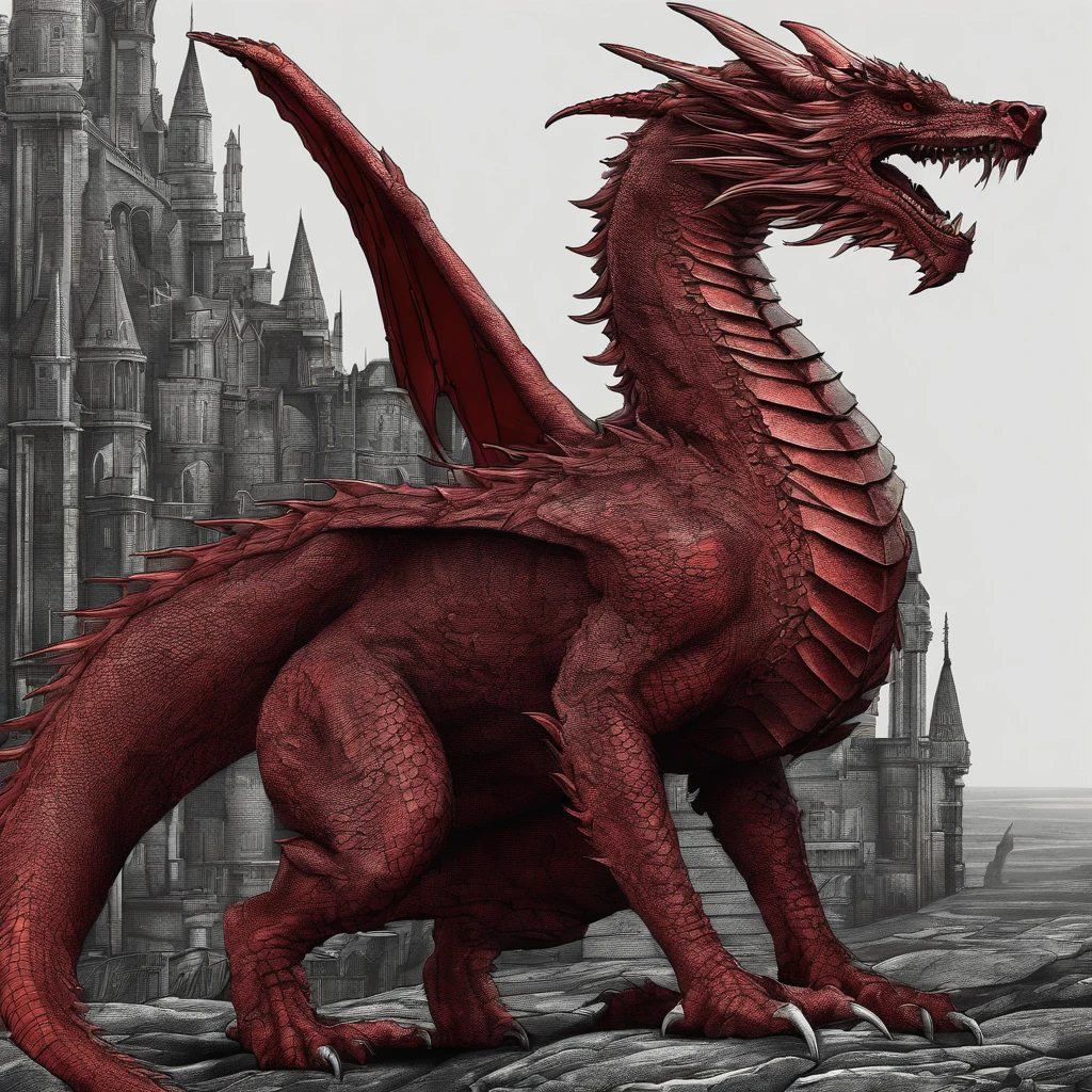 red dragon, medieval background, dark