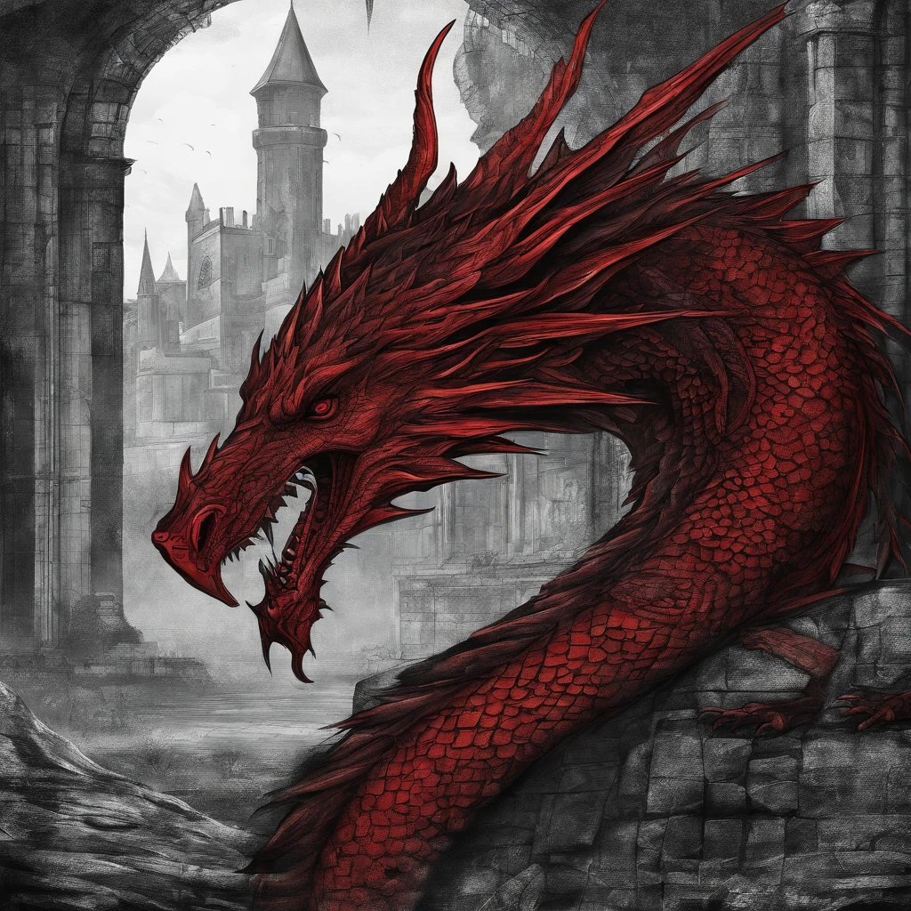 red dragon, medieval background, dark