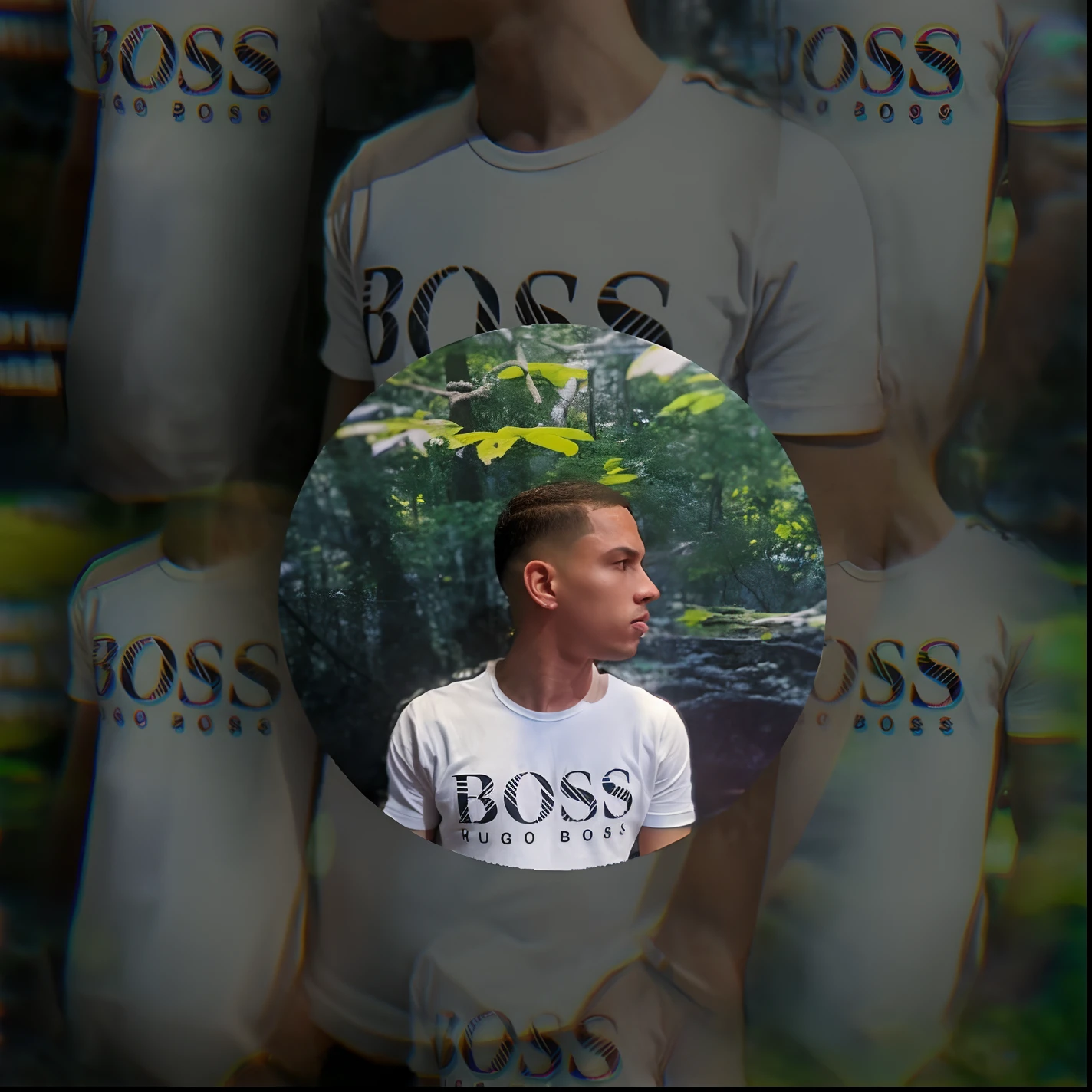 imagem arafed de um homem em uma camisa branca com uma imagem de uma floresta, inspired by József Borsos, Hugo Boss Award, Boissb - Branco. j, videoclipe, Videoclipe oficial, inspired by Hugo Sánchez Bonilla, suave em _ O pano de fundo, foto de perfil, feito com photoshop, Briga de chefes, Horse, basil gogos