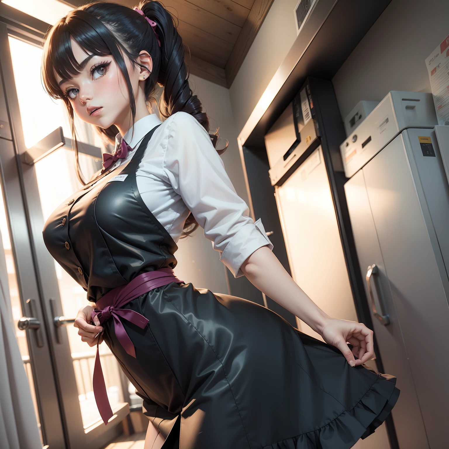 a women, blush, clerk, apron, glasses, small breast, showing areola, straddling to hit her cute panties on the counter edge, open legs, raise leg, open mouth, masturbation, (ecstasy face), grind crotch forth, at the library