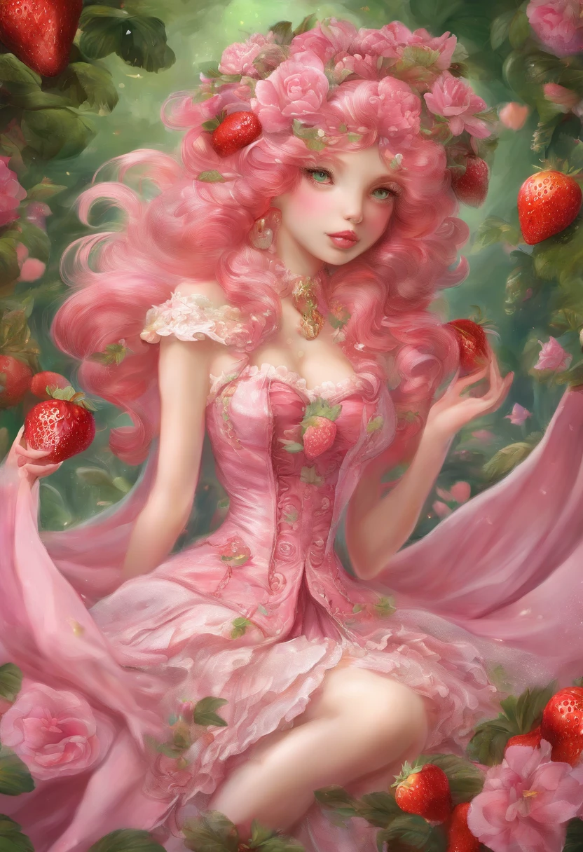 ( Absurd , High quality , Ultra detailed, Masterpiece, concept-art, smooth, high detail artwork, hyperrealistic painting ) , Strawberry shortbread,Strawberry, Pink , cute big breasts , Whole body , Romantic , Vivid