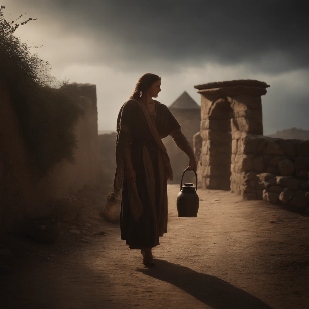 Create an image that depicts the moment when Elijah meets the widow of Zarephath at the city gate, where she is collecting sticks. Detach the flour jug and the oil jug.