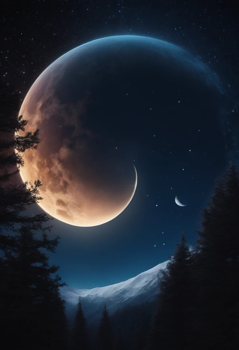 Large image for high resolution night sky sticker as looking up, Rendering of the sky and the moon, 8k portrait render