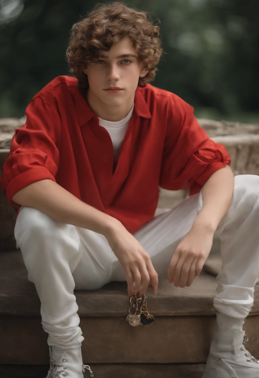 -yeld bofair skin, bright green eyes, faded haircut with curly hair covering his entire face, evil, sly smile, earring in one ear, baggy red shirt, baggy white shorts, a silver chain with a sun, he sitting on a throne with the air of superiority with a Tasmanian devil lying in his lap