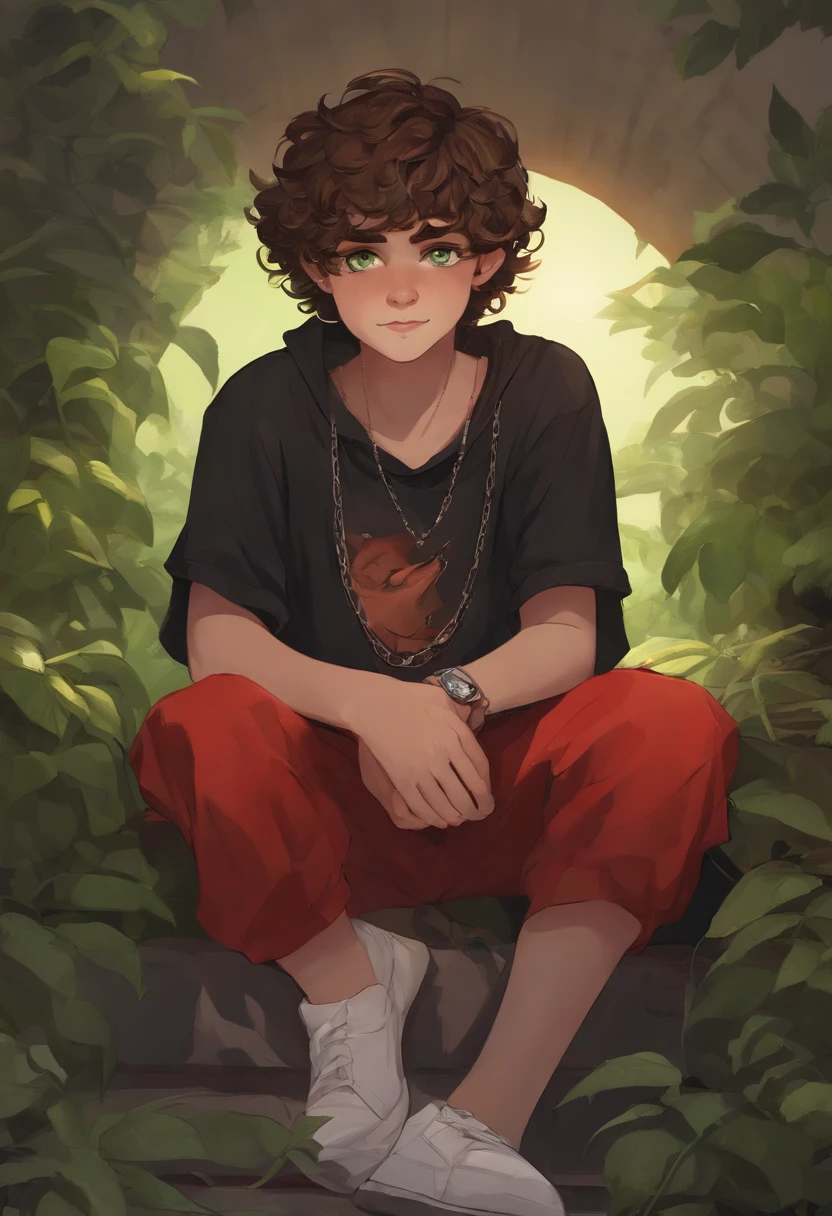 -yeld bofair skin, bright green eyes, faded haircut with curly hair covering his entire face, evil, sly smile, earring in one ear, baggy red shirt, baggy white shorts, a silver chain with a sun, he sitting on a throne with the air of superiority with a Tasmanian devil lying in his lap