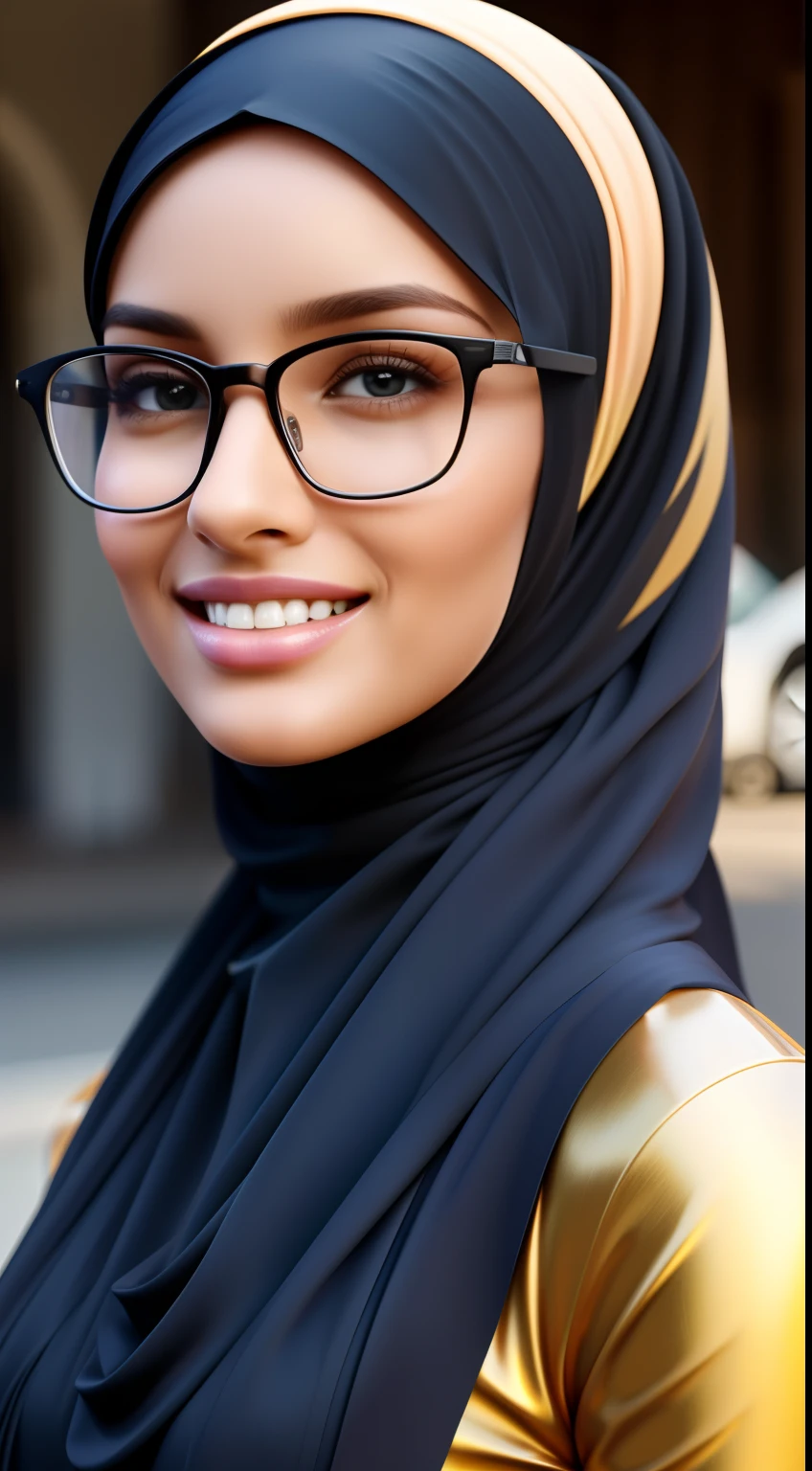 ultra realistic,16k, enhanced quality, perfect face, perfect hands, perfect body, ultra detailed,1girl, perfect hair, girl wearing glasses, perfect glasses, perfect smile, ultra realistic, standing in close to Ferrari , girl look at viewer, girl wearing perfect hijab, full body shot, ultra realistic particles, perfect duck lips, Islamic hijab,