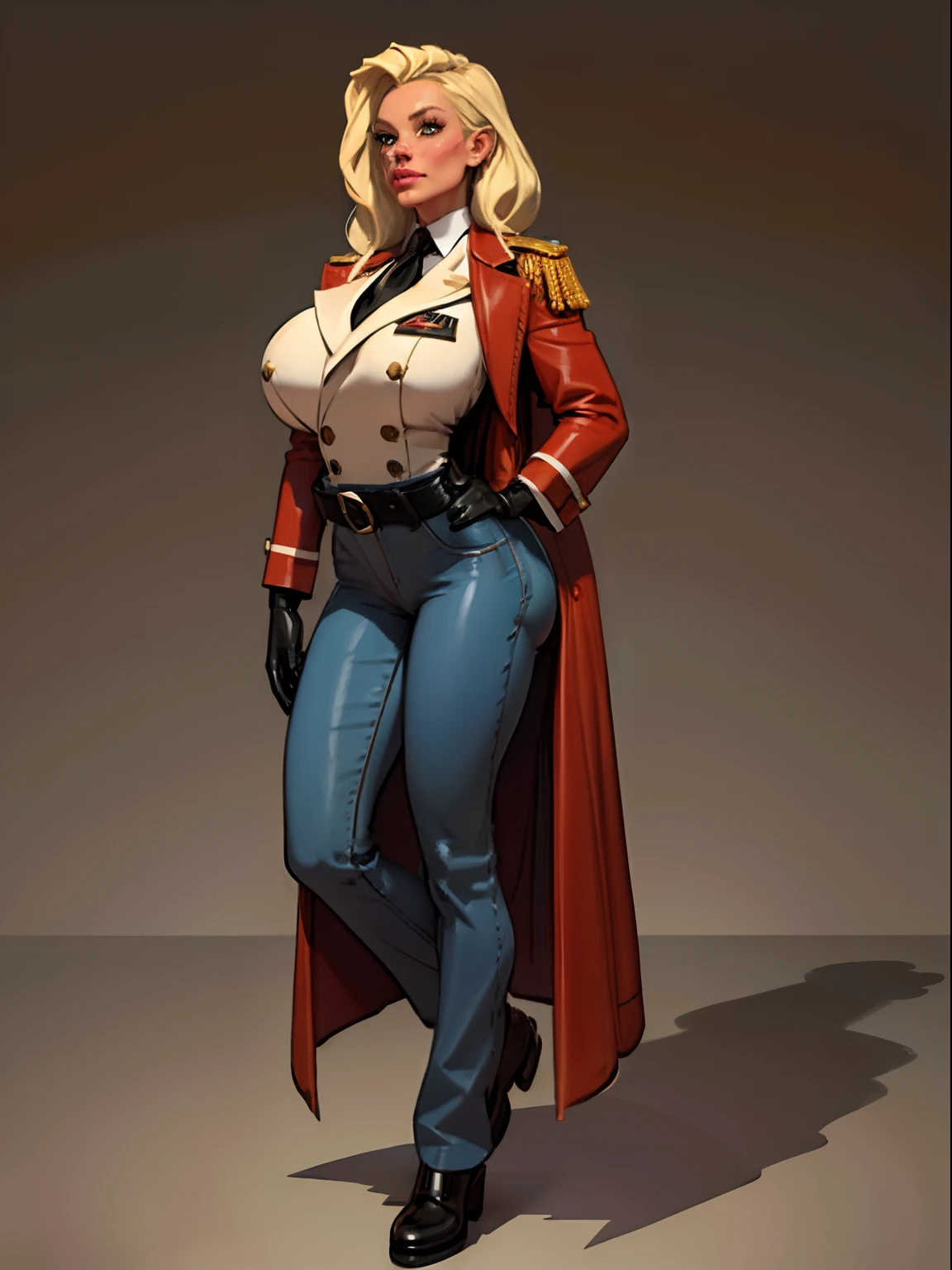 Lonely girl, Tall stature, little chest, closed mouth, Slavic appearance: Green eyes; blond hair; sharp facial features; dimple on the chin; Straight nose; high nose; pronounced high cheekbones; high forehead, stands upright, (gigantic breasts:1.4), detailed face, military uniform: double-breasted overcoat; pants, Full-length painting, leather gloves