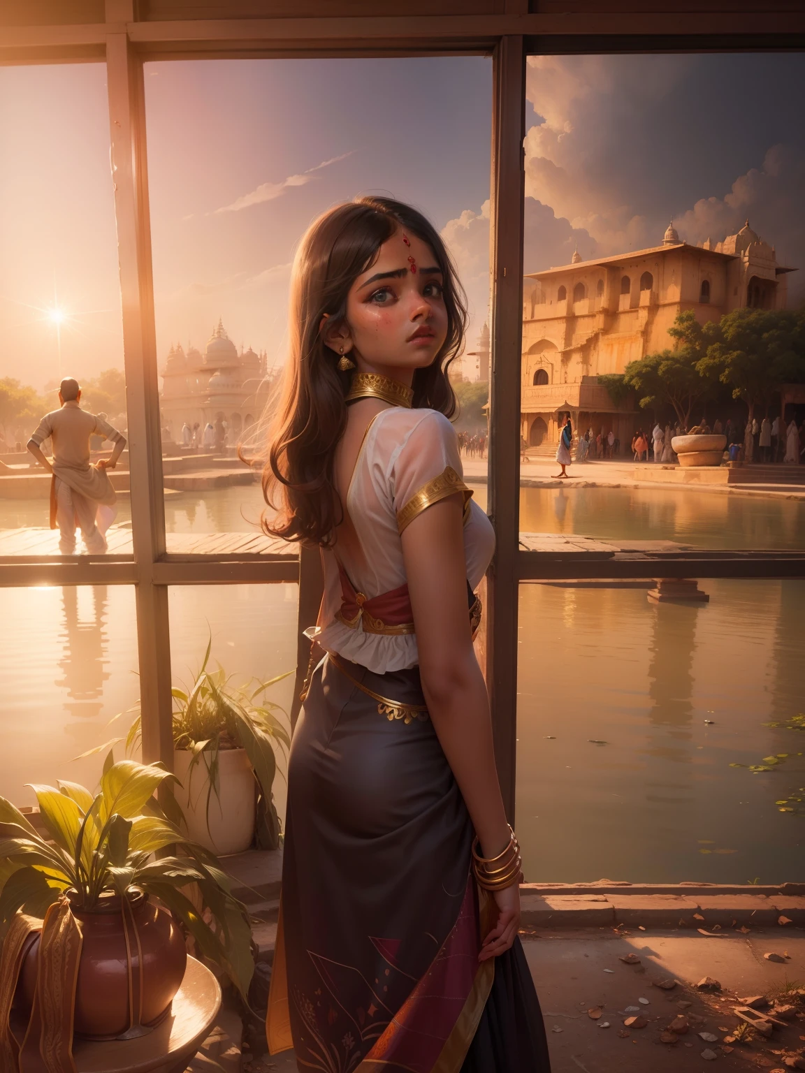 Girl stand in vrindavan , mythology , Traditional dress ,