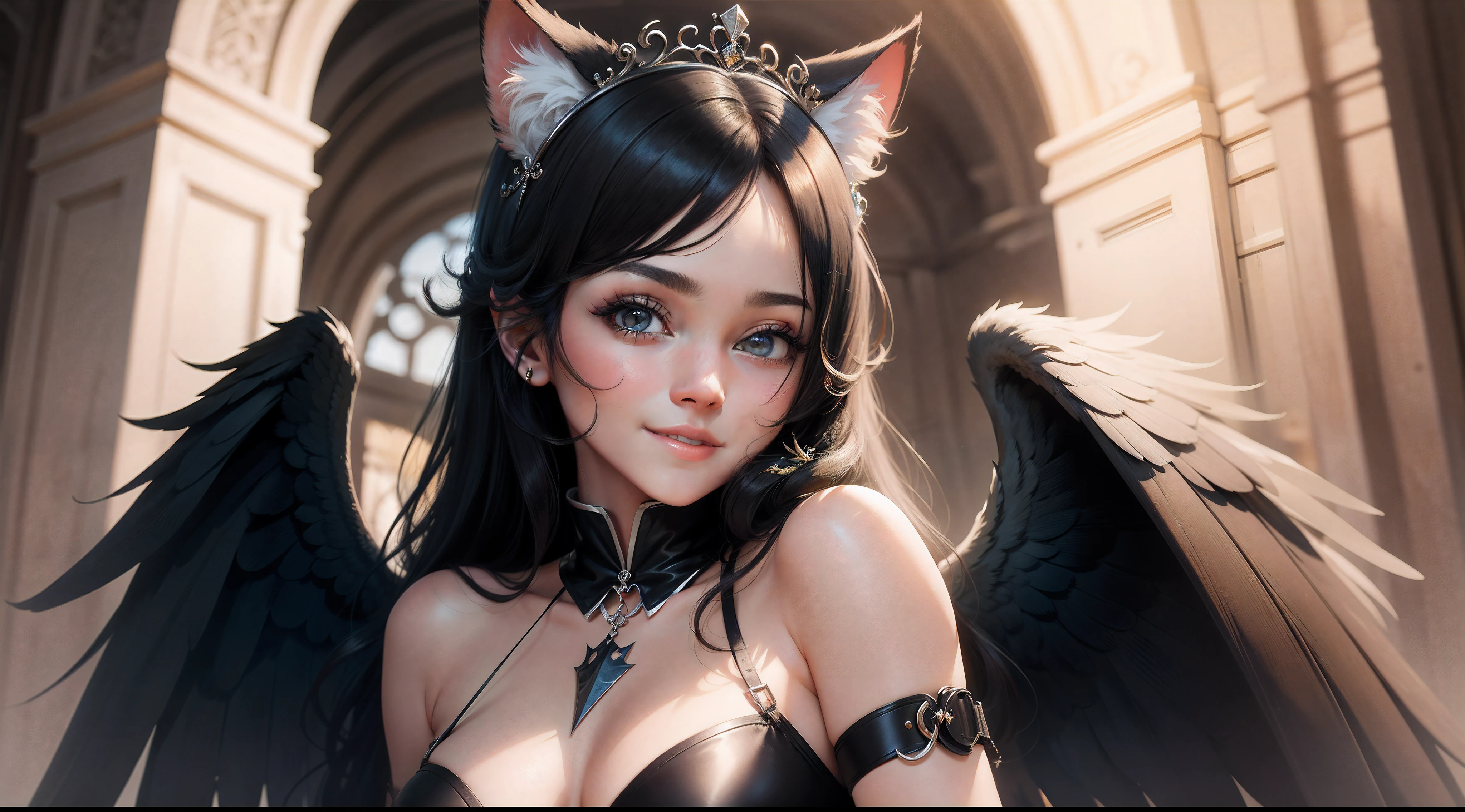 beautiful girl, with black hair, blue left eye, yellow right eye, with a sweet smile, and a cat ear tiara, black angel wings on her back, looking forward, clear outline