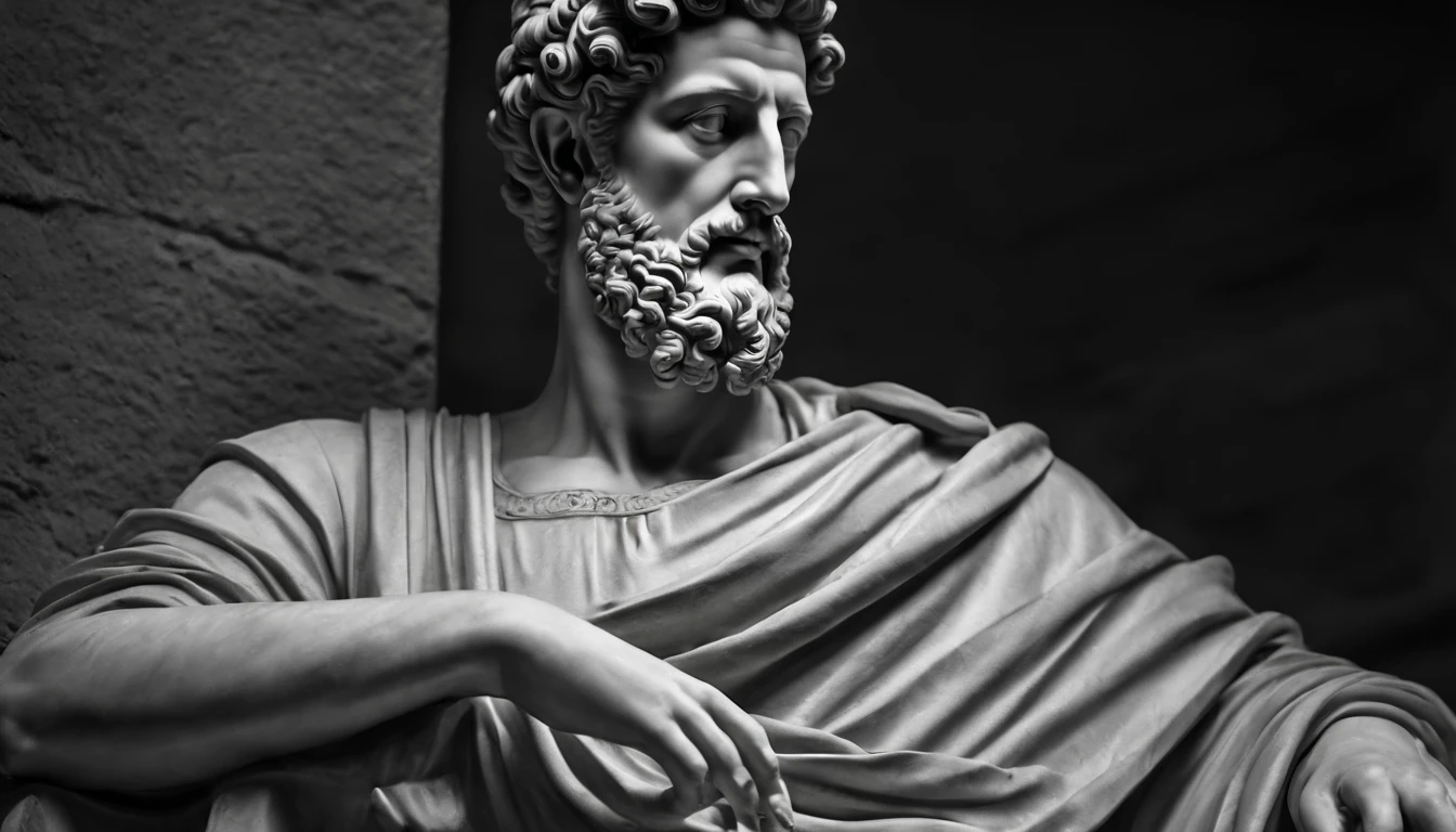 a portrait statue of the stoic Marcus Aurelius in black and white 4K,Face de lado, papel de parede super realista