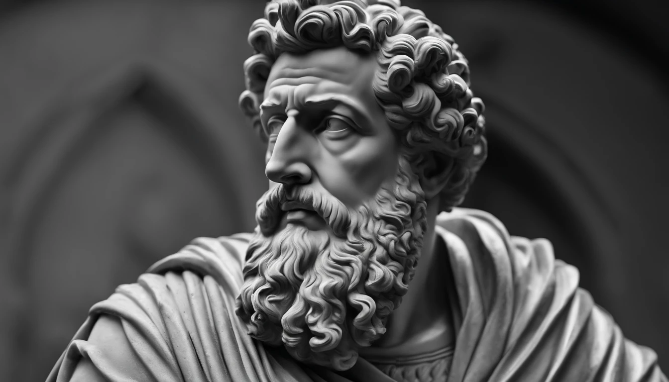 a portrait statue of the stoic Marcus Aurelius in black and white 4K,Face de lado, papel de parede super realista