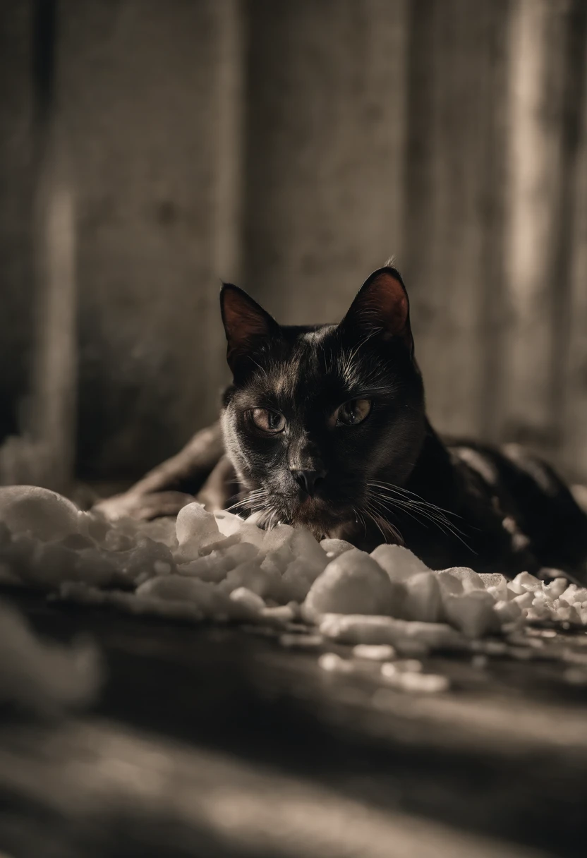 catwoman, drenched in blood, laying in a pool of milk and blood, human bones on the floor, editorial shot