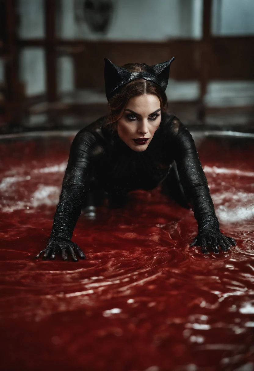 ultra realisitc photograph, Catwoman laying in a pool of milk and thick red liquid, human bones on the floor, cinematic lighting, evil
